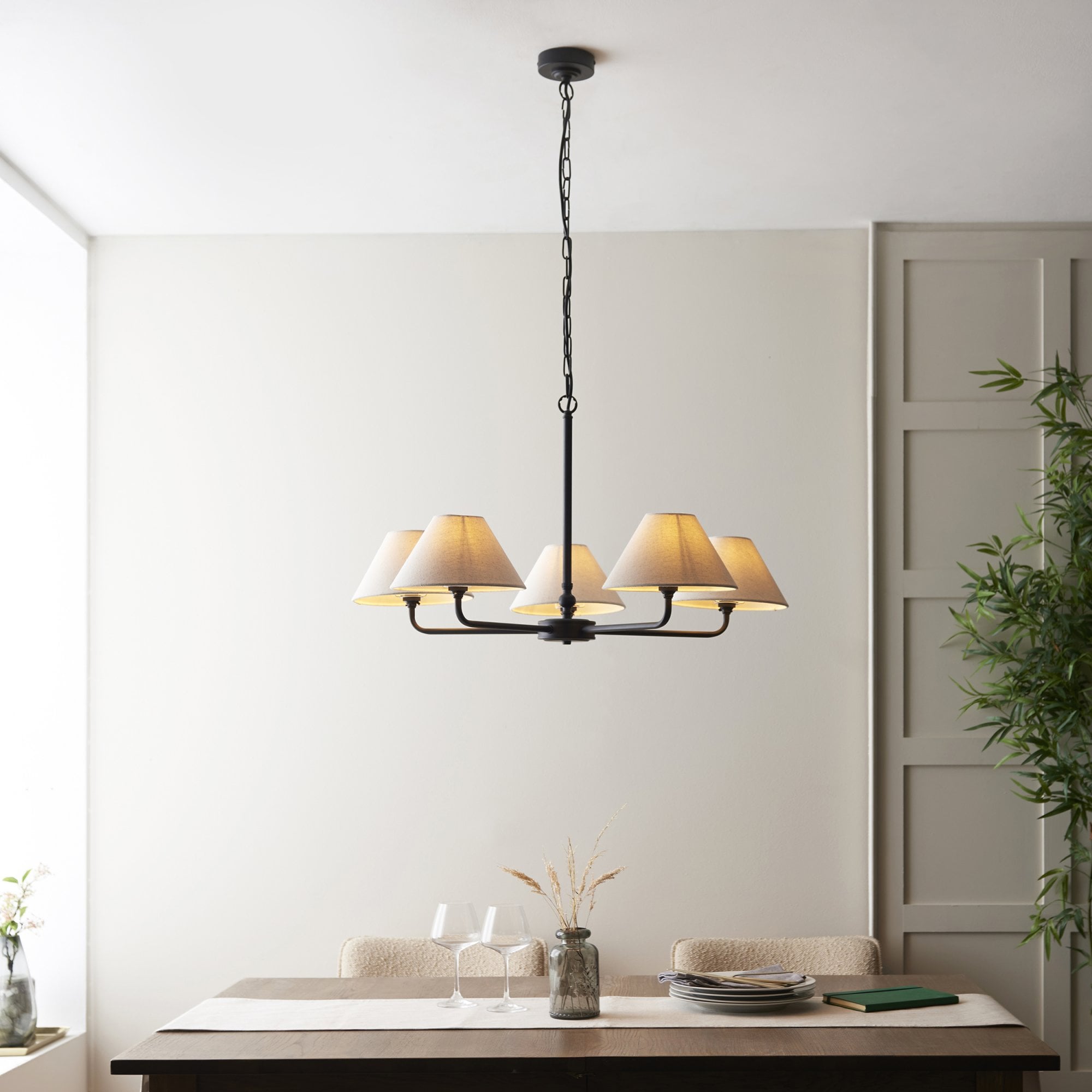 117832 Lille 5 Light Pendant Matt Black & Natural Faux Linen