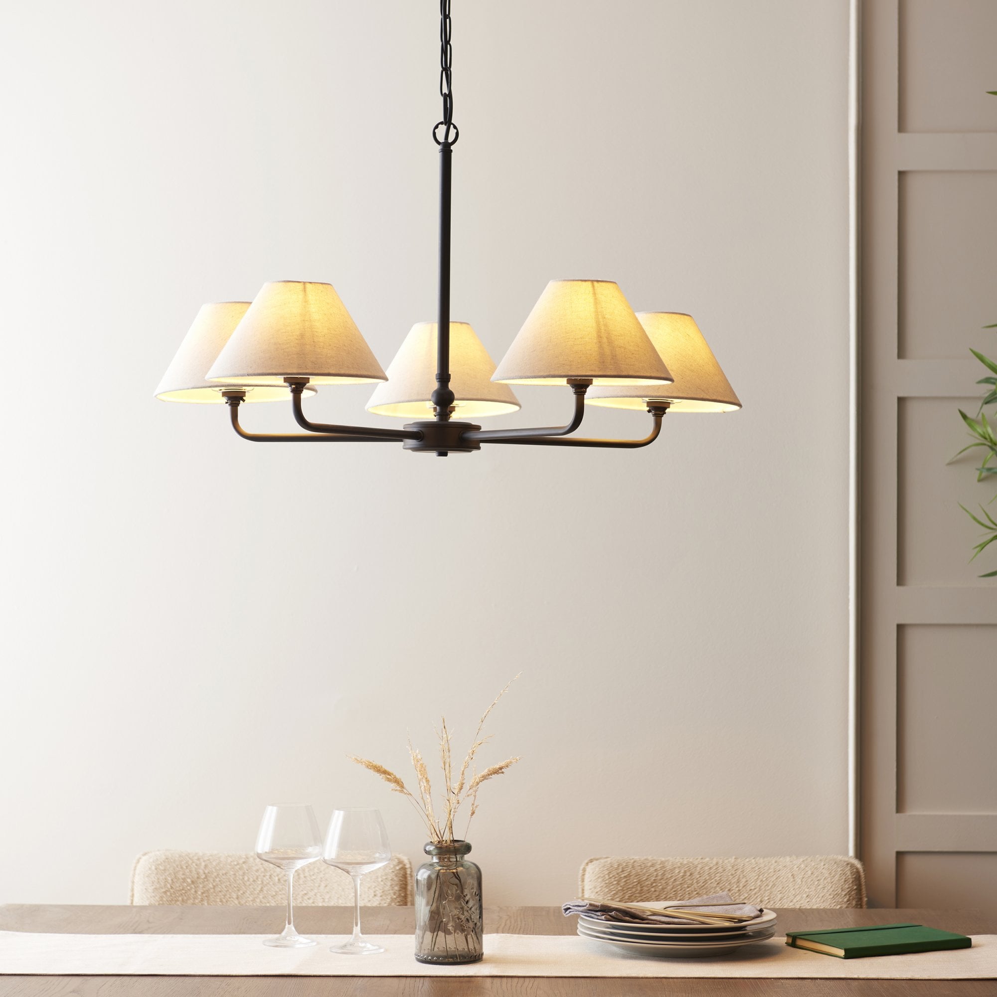 117832 Lille 5 Light Pendant Matt Black & Natural Faux Linen