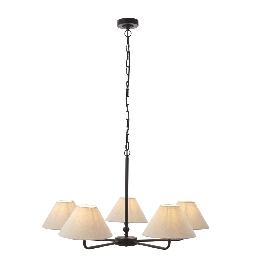 117832 Lille 5 Light Pendant Matt Black & Natural Faux Linen