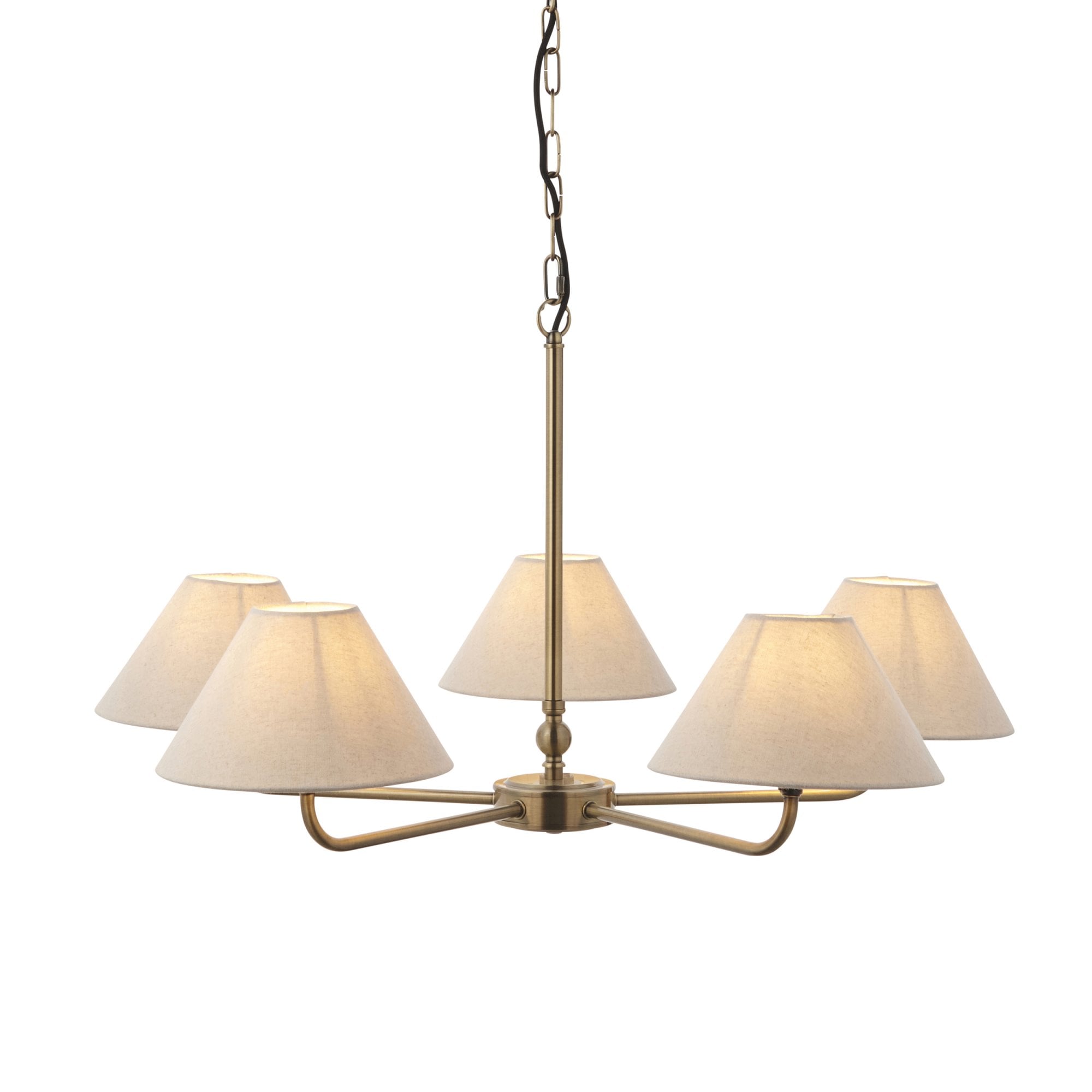 117833 Lille 5 Light Pendant Antique Brass Plate & Natural Faux Linen