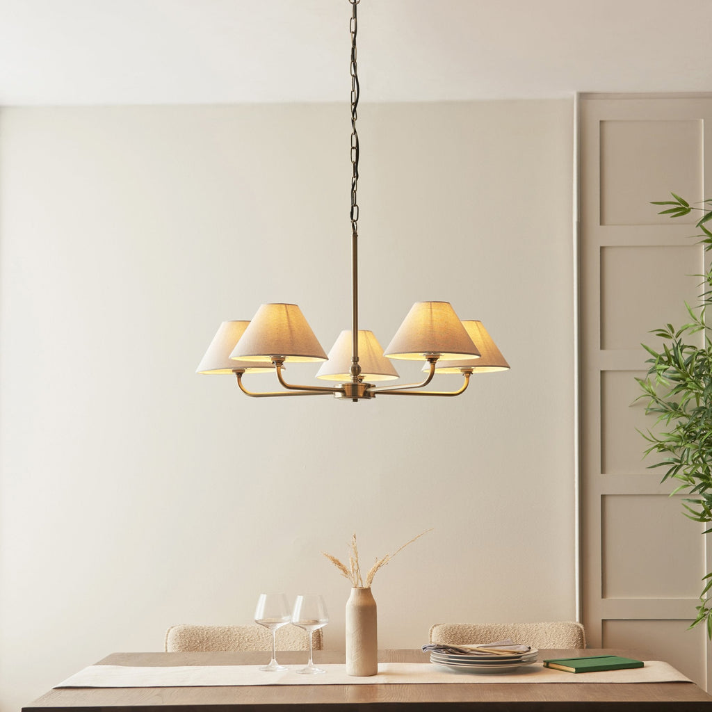 117833 Lille 5 Light Pendant Antique Brass Plate & Natural Faux Linen