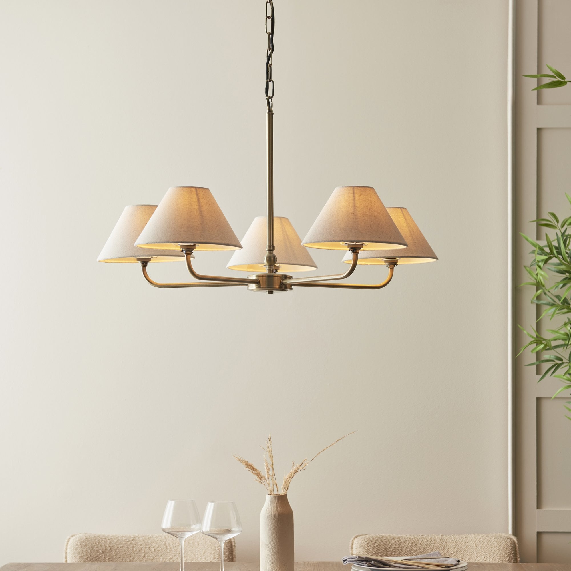 117833 Lille 5 Light Pendant Antique Brass Plate & Natural Faux Linen