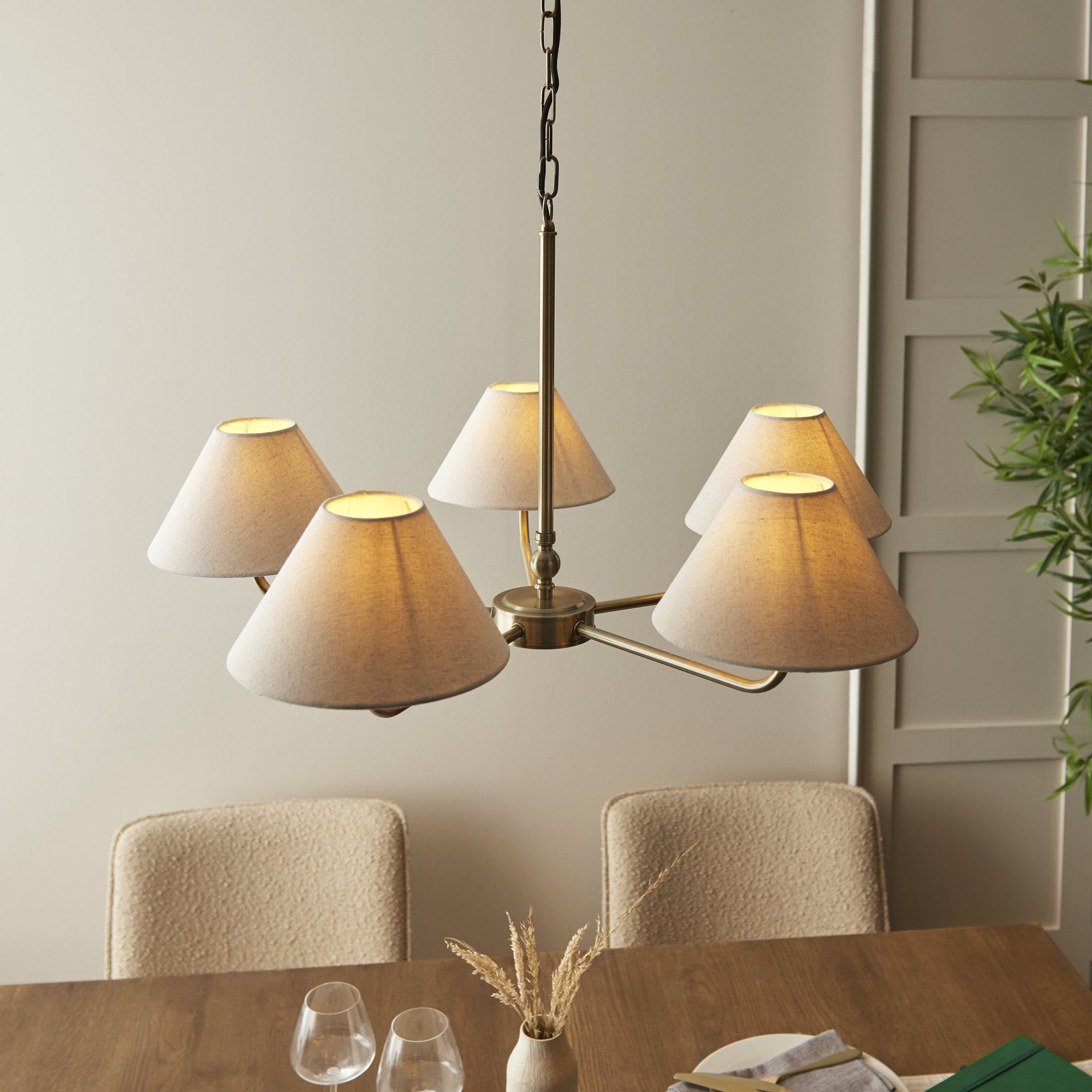 117833 Lille 5 Light Pendant Antique Brass Plate & Natural Faux Linen