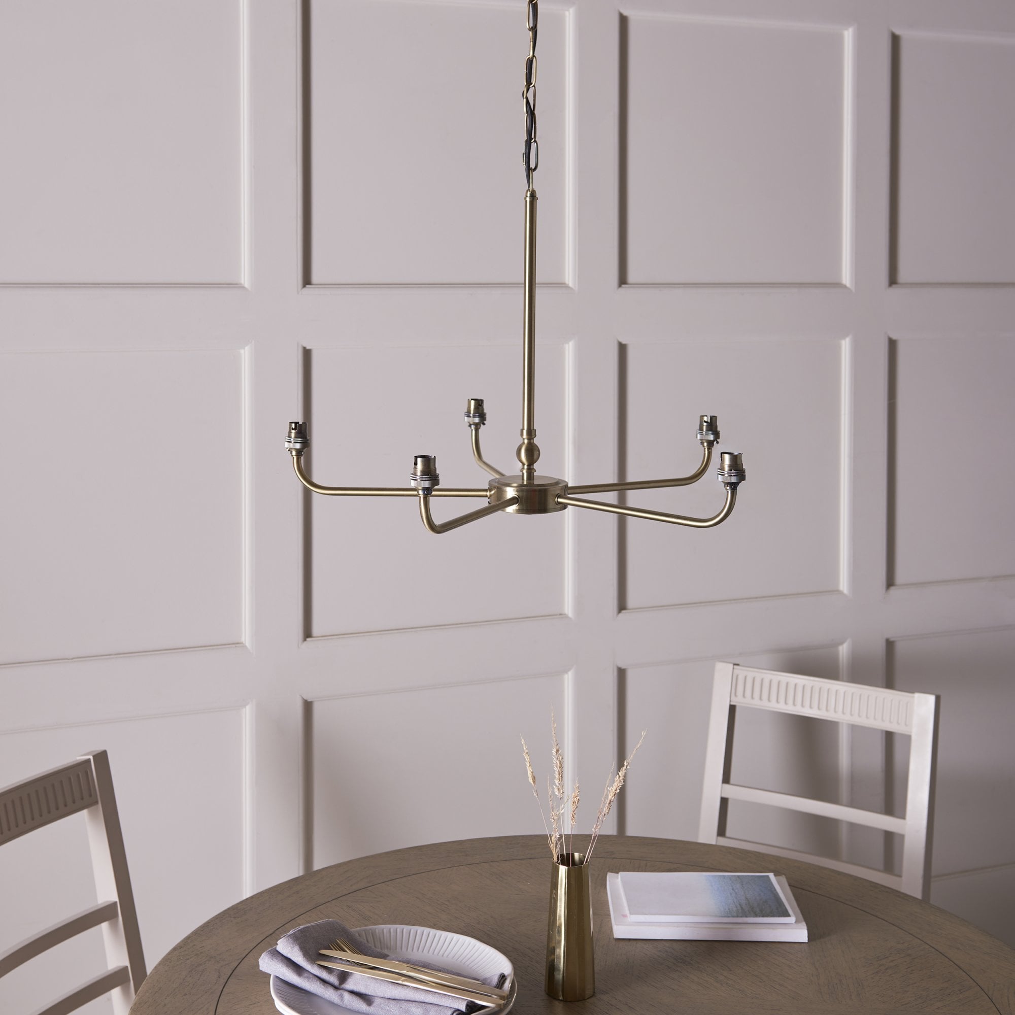 117833 Lille 5 Light Pendant Antique Brass Plate & Natural Faux Linen