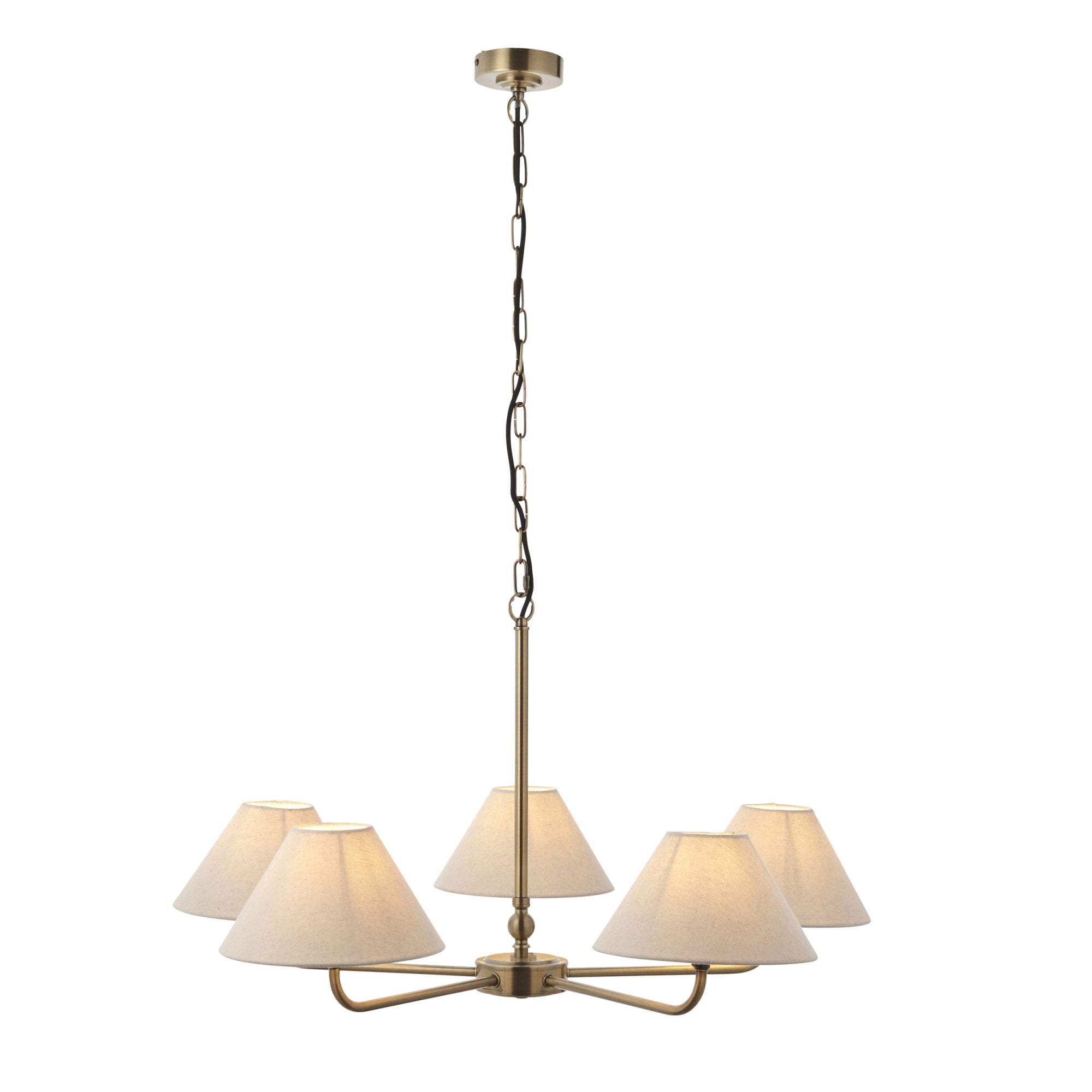 117833 Lille 5 Light Pendant Antique Brass Plate & Natural Faux Linen