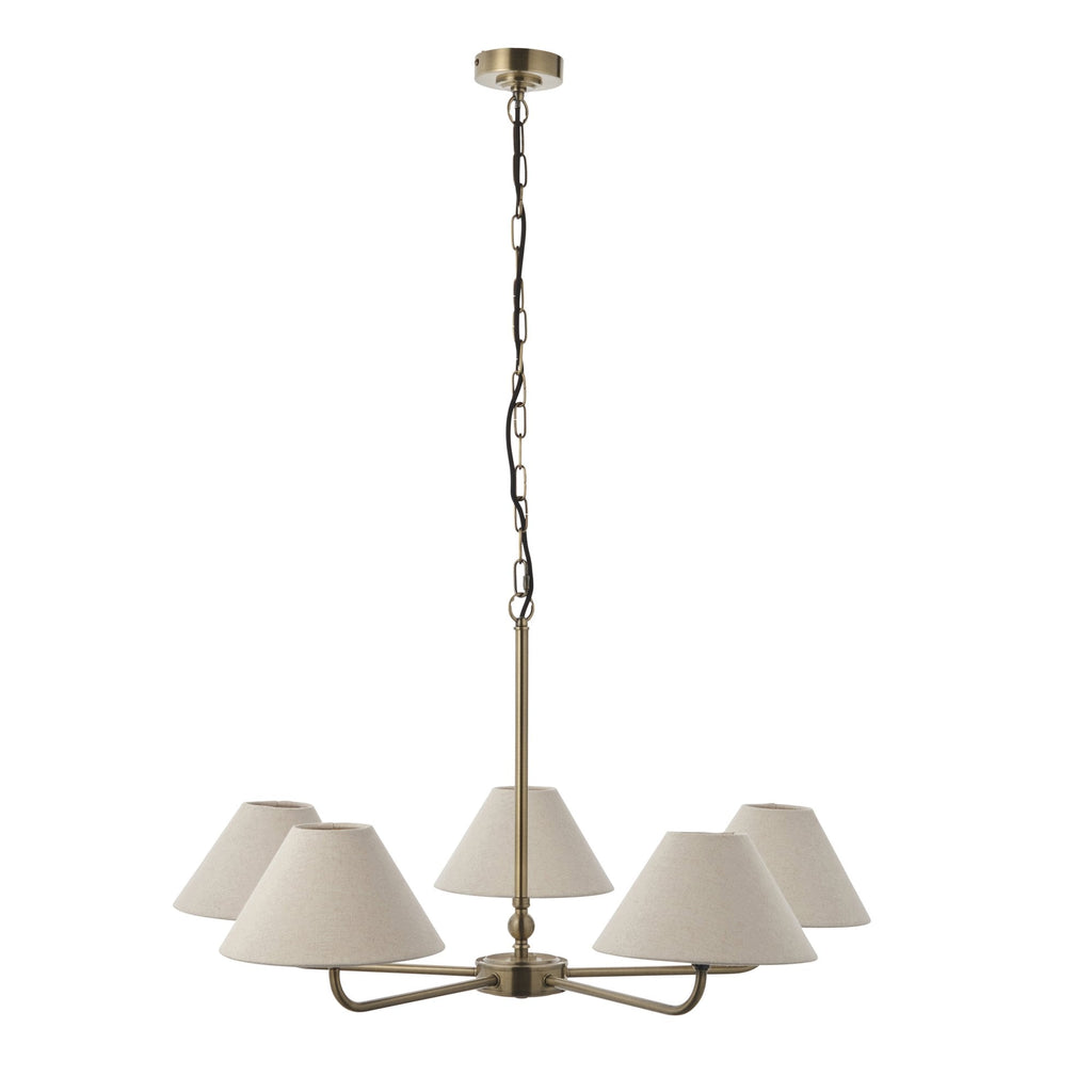 117833 Lille 5 Light Pendant Antique Brass Plate & Natural Faux Linen