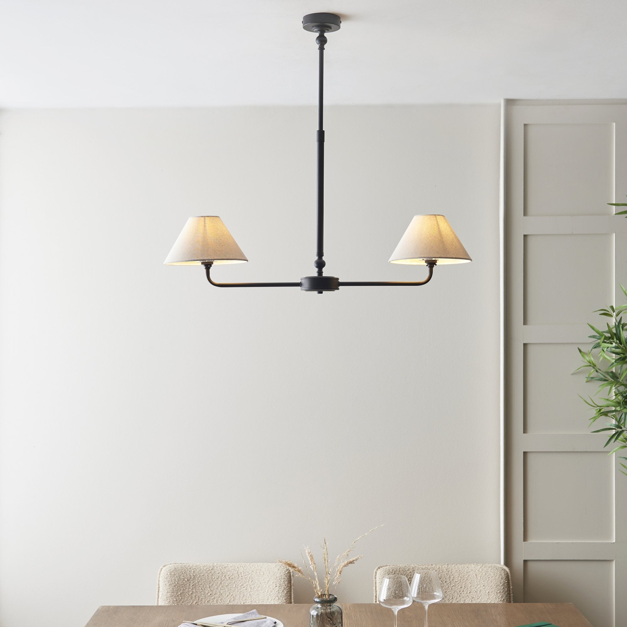 117834 Lille 2 Light Linear Pendant Matt Black & Natural Faux Linen