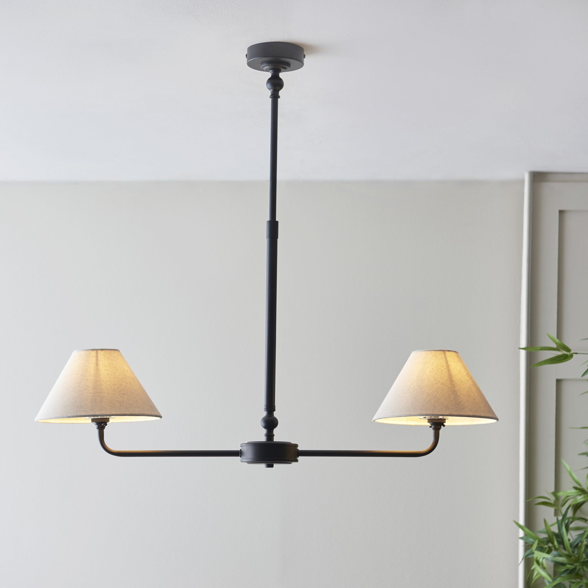 117834 Lille 2 Light Linear Pendant Matt Black & Natural Faux Linen