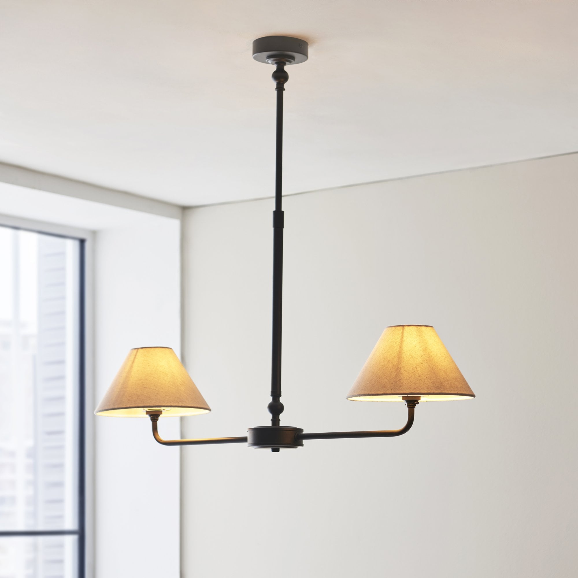 117834 Lille 2 Light Linear Pendant Matt Black & Natural Faux Linen