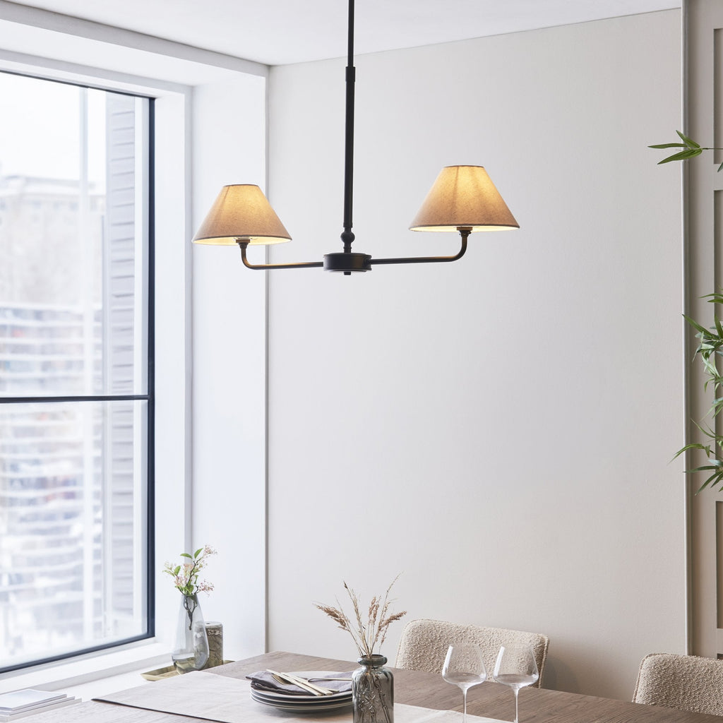 117834 Lille 2 Light Linear Pendant Matt Black & Natural Faux Linen