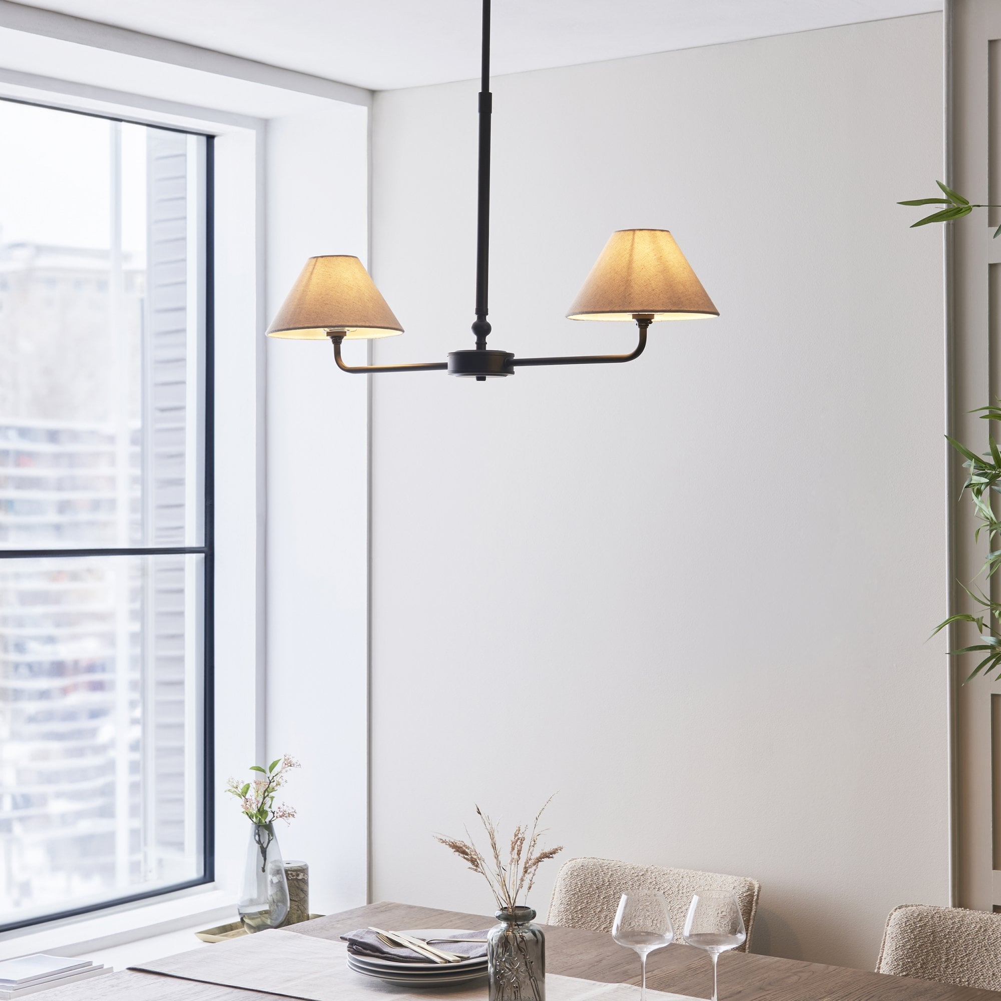 117834 Lille 2 Light Linear Pendant Matt Black & Natural Faux Linen
