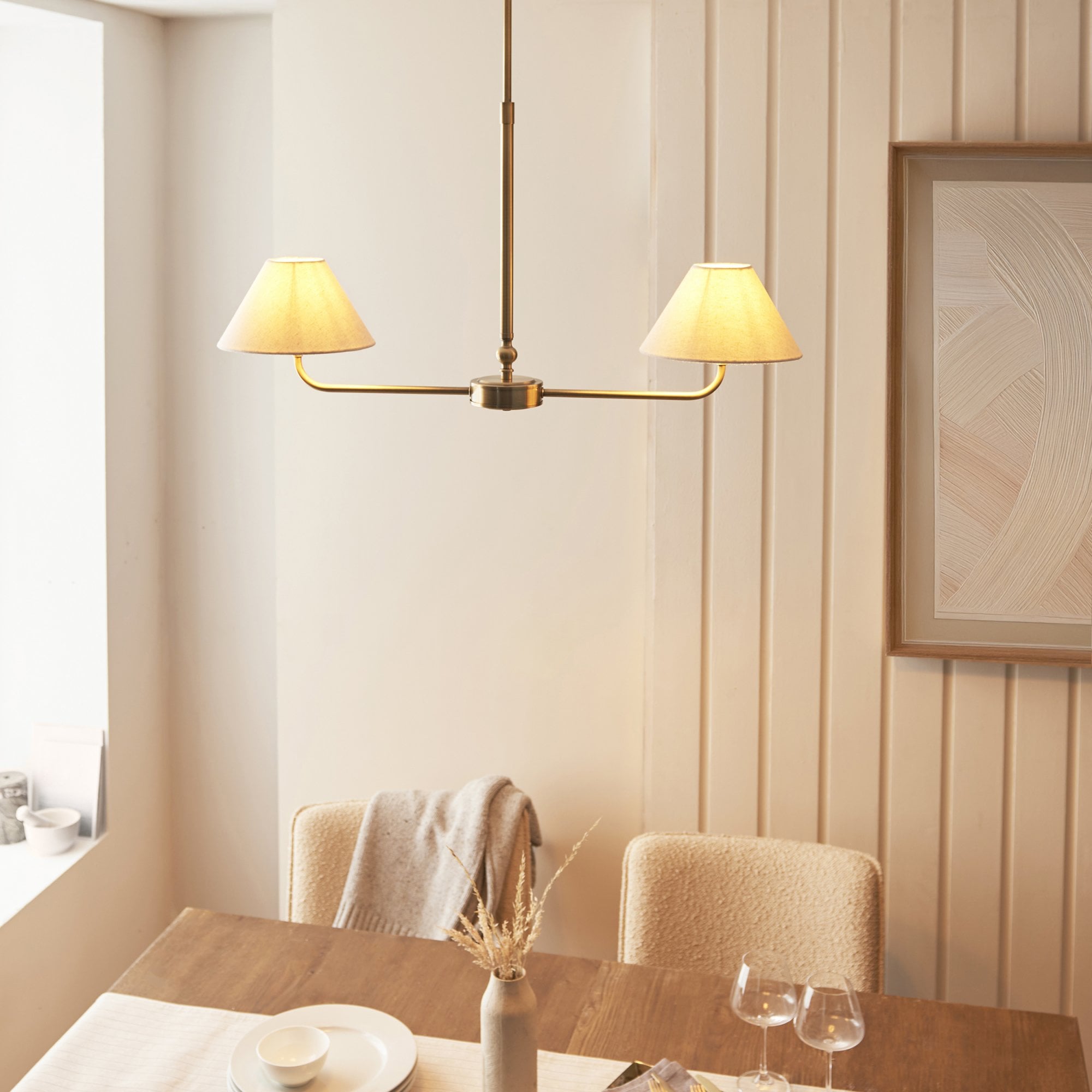 117835 Lille 2 Light Linear Pendant Antique Brass Plate & Natural Faux Linen