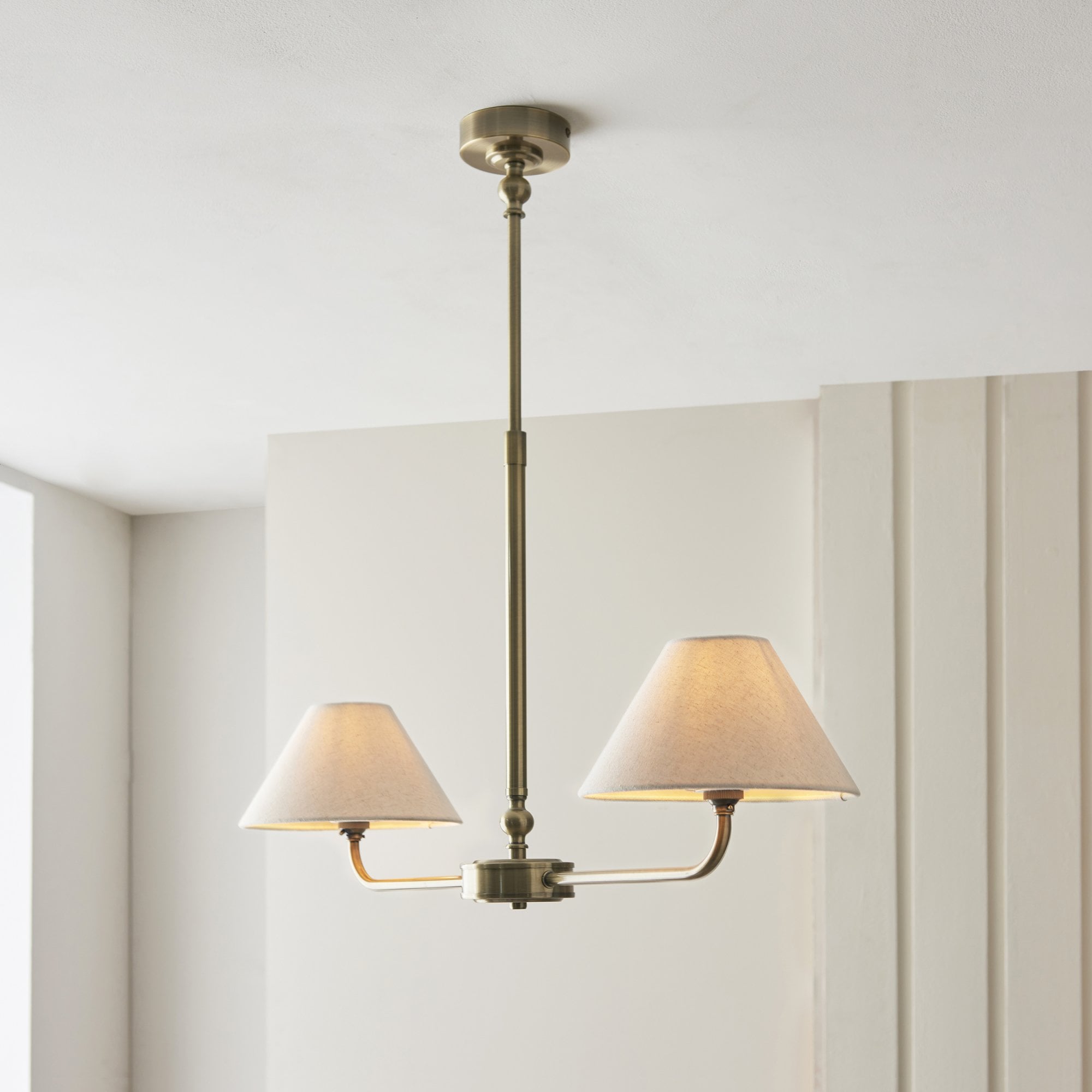 117835 Lille 2 Light Linear Pendant Antique Brass Plate & Natural Faux Linen
