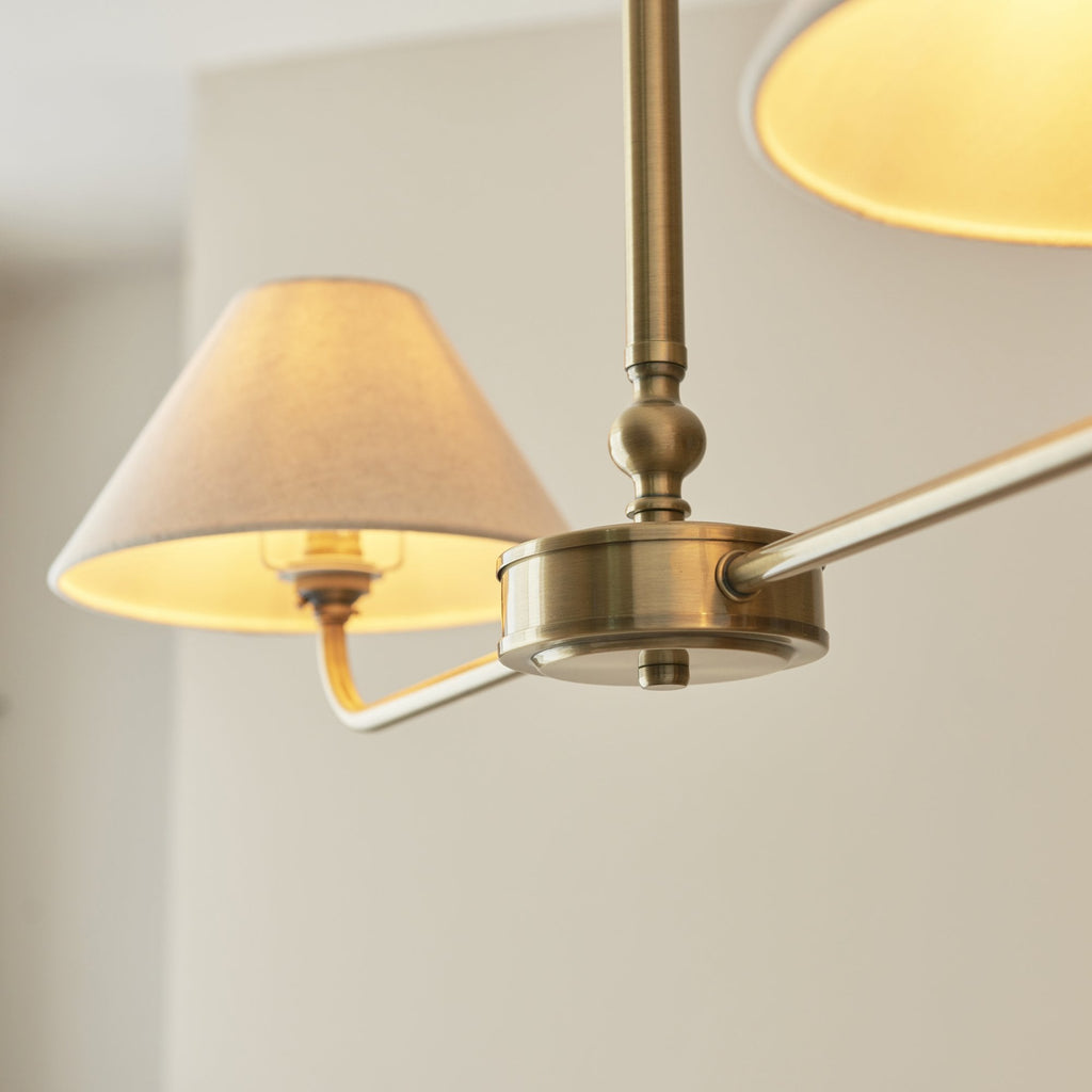 117835 Lille 2 Light Linear Pendant Antique Brass Plate & Natural Faux Linen