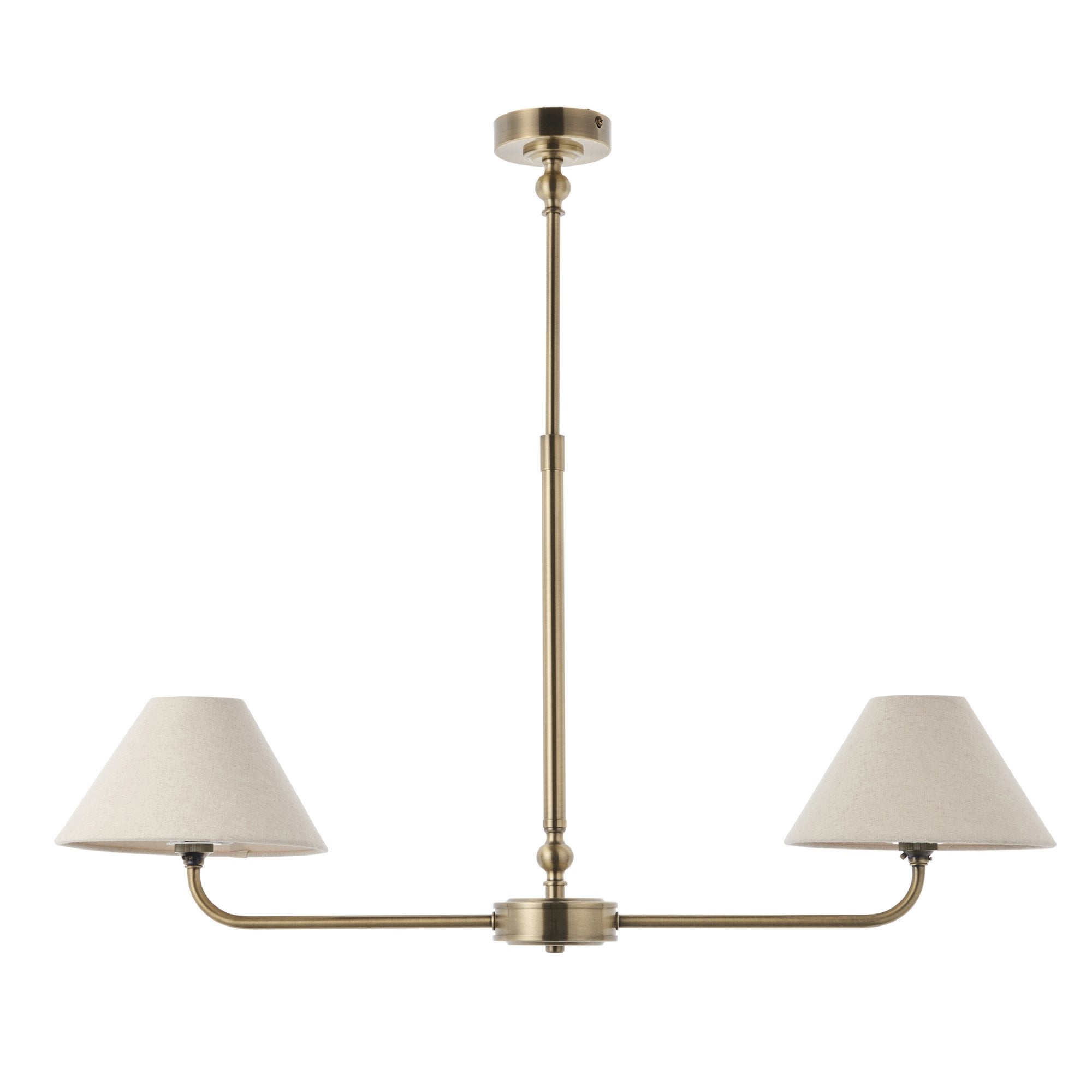 117835 Lille 2 Light Linear Pendant Antique Brass Plate & Natural Faux Linen