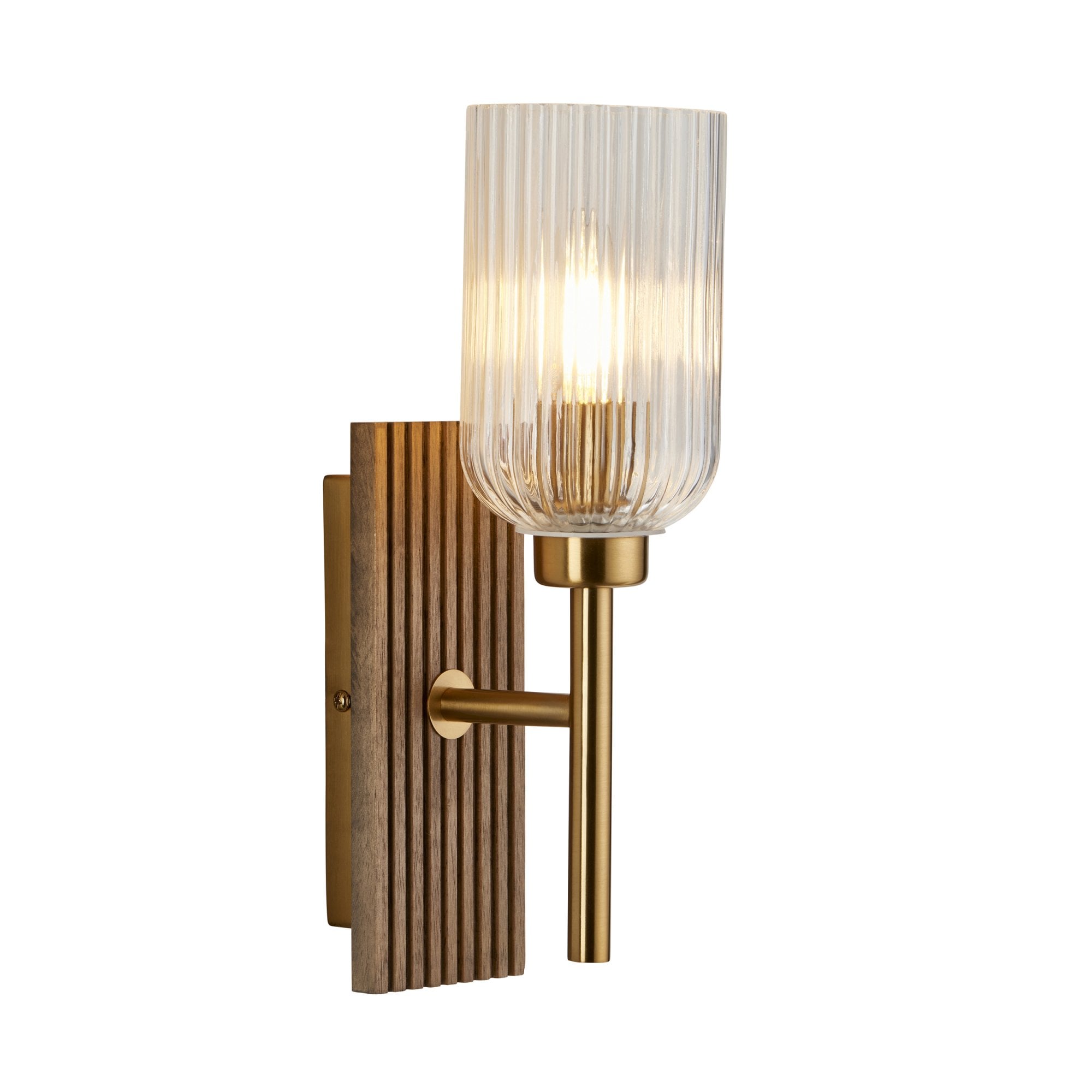 118365 Grove Wall Light Dark Beechwood & Vintage Brass With Clear Ribbed Glass