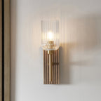 118365 Grove Wall Light Dark Beechwood & Vintage Brass With Clear Ribbed Glass