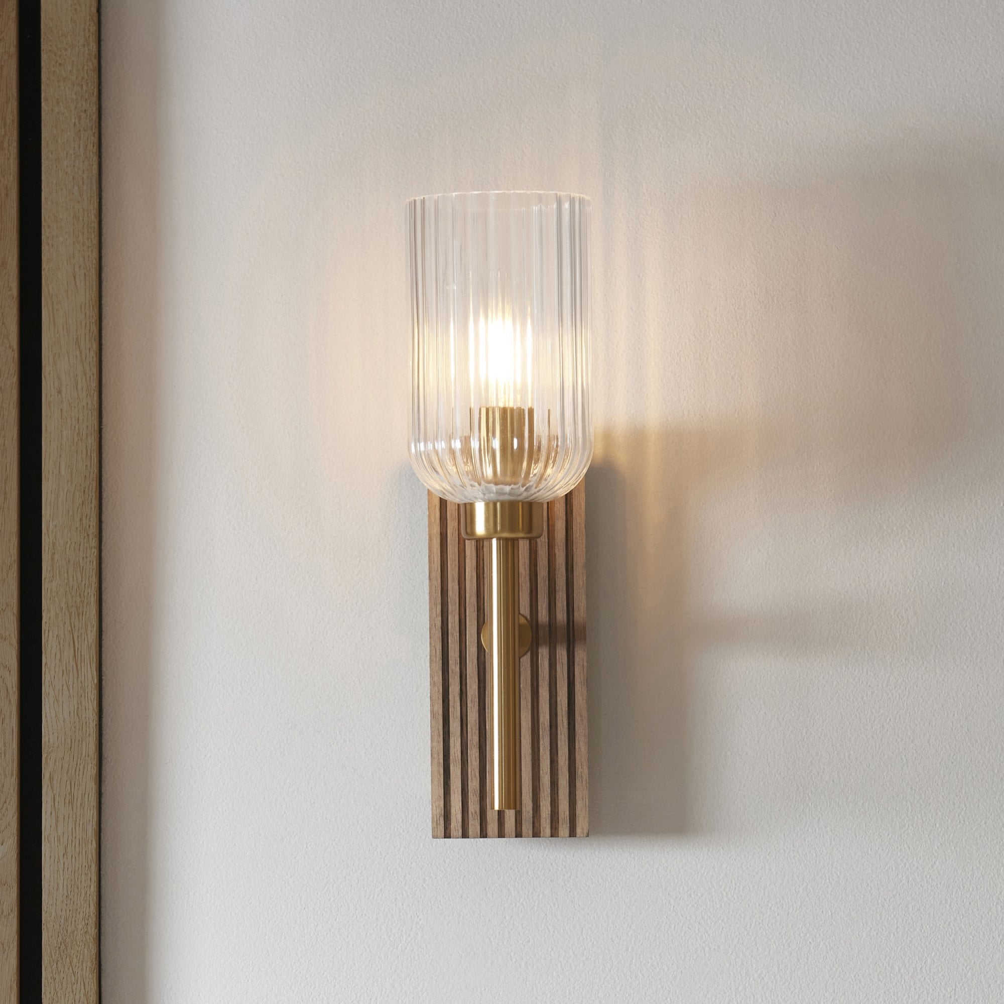 118365 Grove Wall Light Dark Beechwood & Vintage Brass With Clear Ribbed Glass
