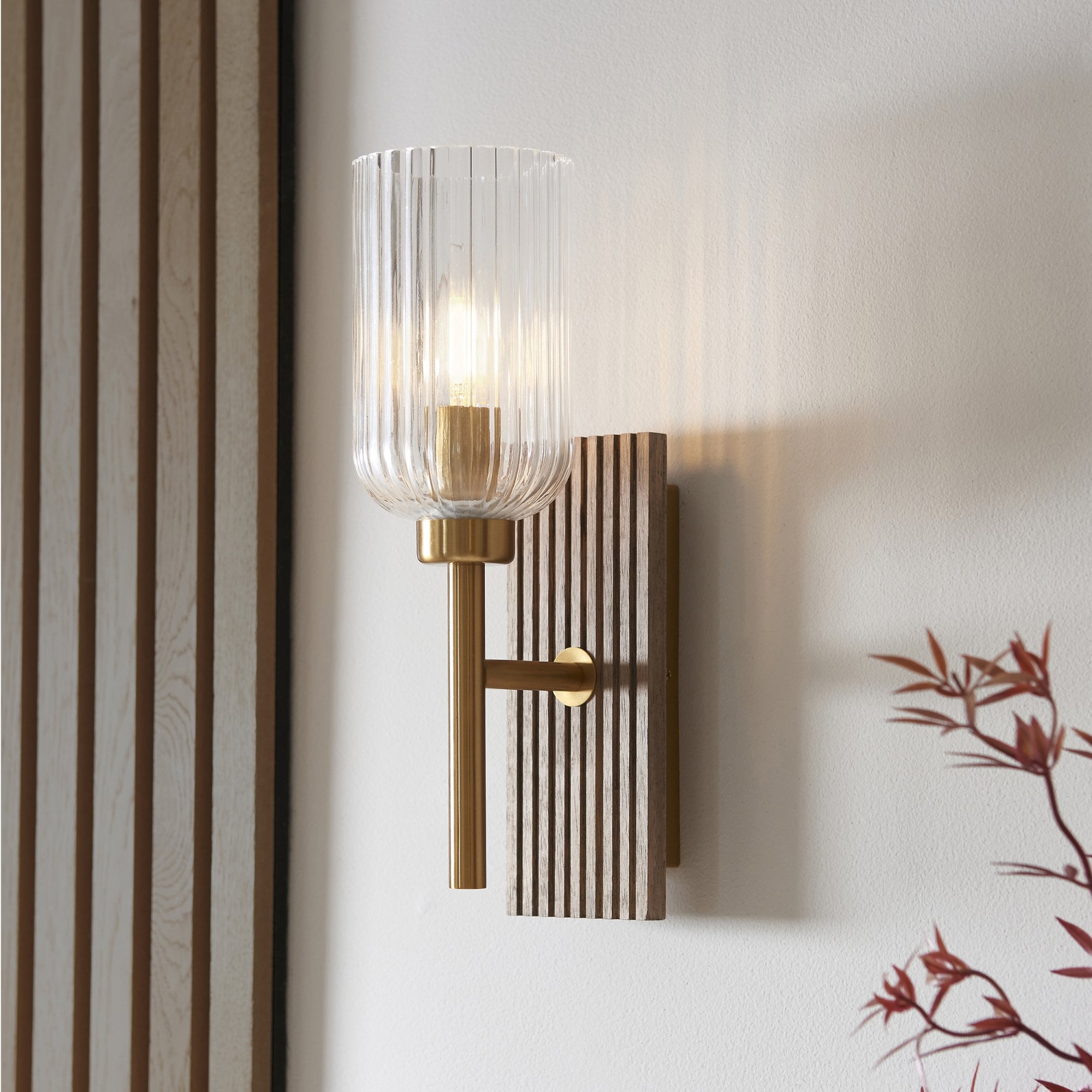 118365 Grove Wall Light Dark Beechwood & Vintage Brass With Clear Ribbed Glass