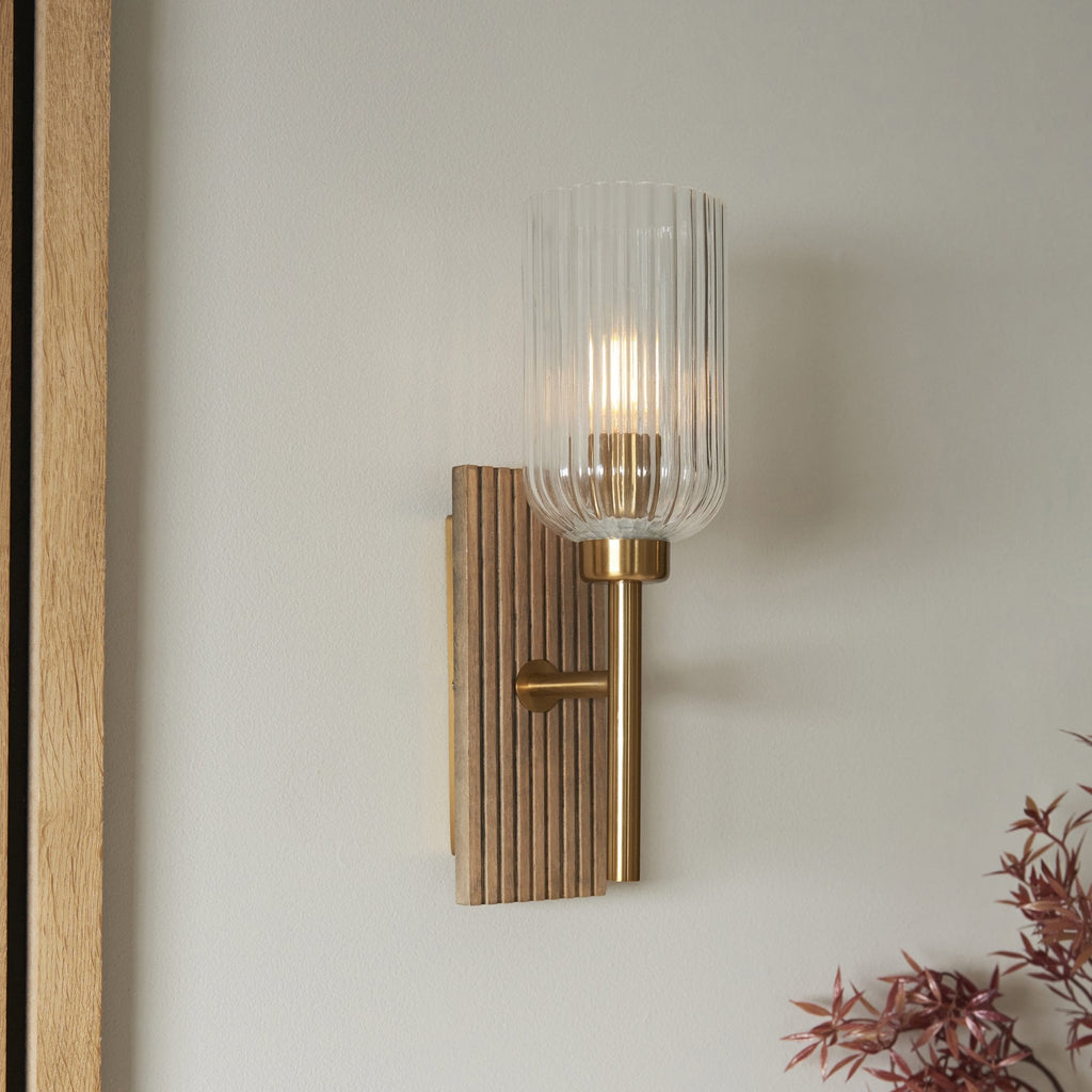 118365 Grove Wall Light Dark Beechwood & Vintage Brass With Clear Ribbed Glass