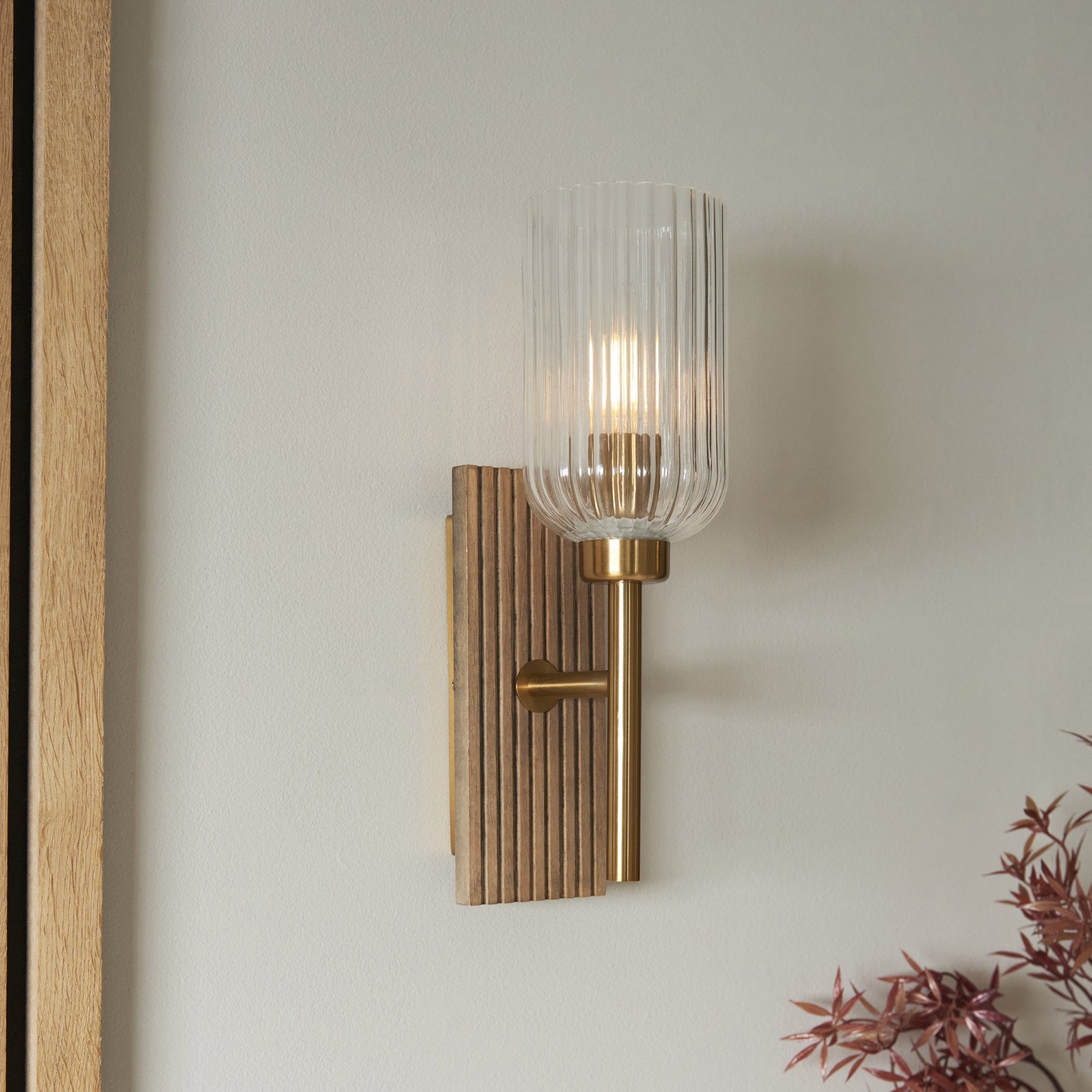 118365 Grove Wall Light Dark Beechwood & Vintage Brass With Clear Ribbed Glass