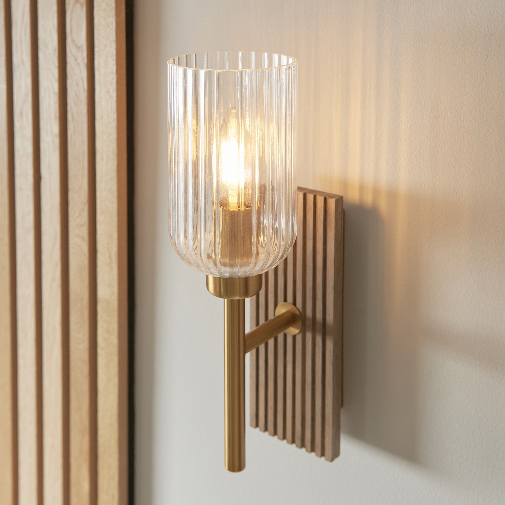 118365 Grove Wall Light Dark Beechwood & Vintage Brass With Clear Ribbed Glass