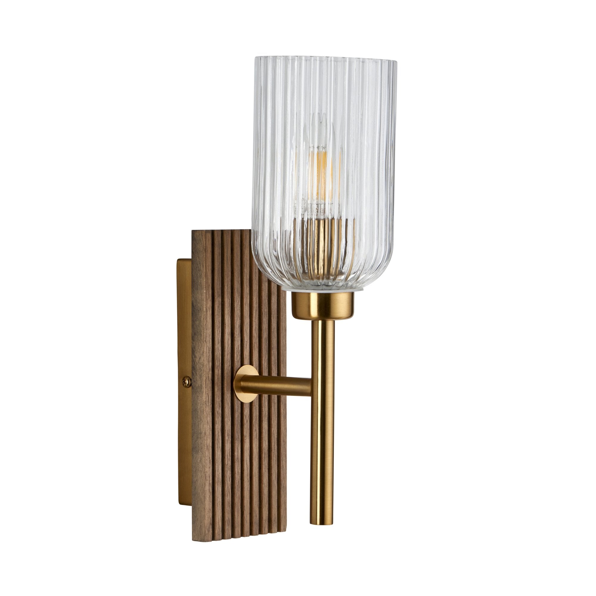 118365 Grove Wall Light Dark Beechwood & Vintage Brass With Clear Ribbed Glass