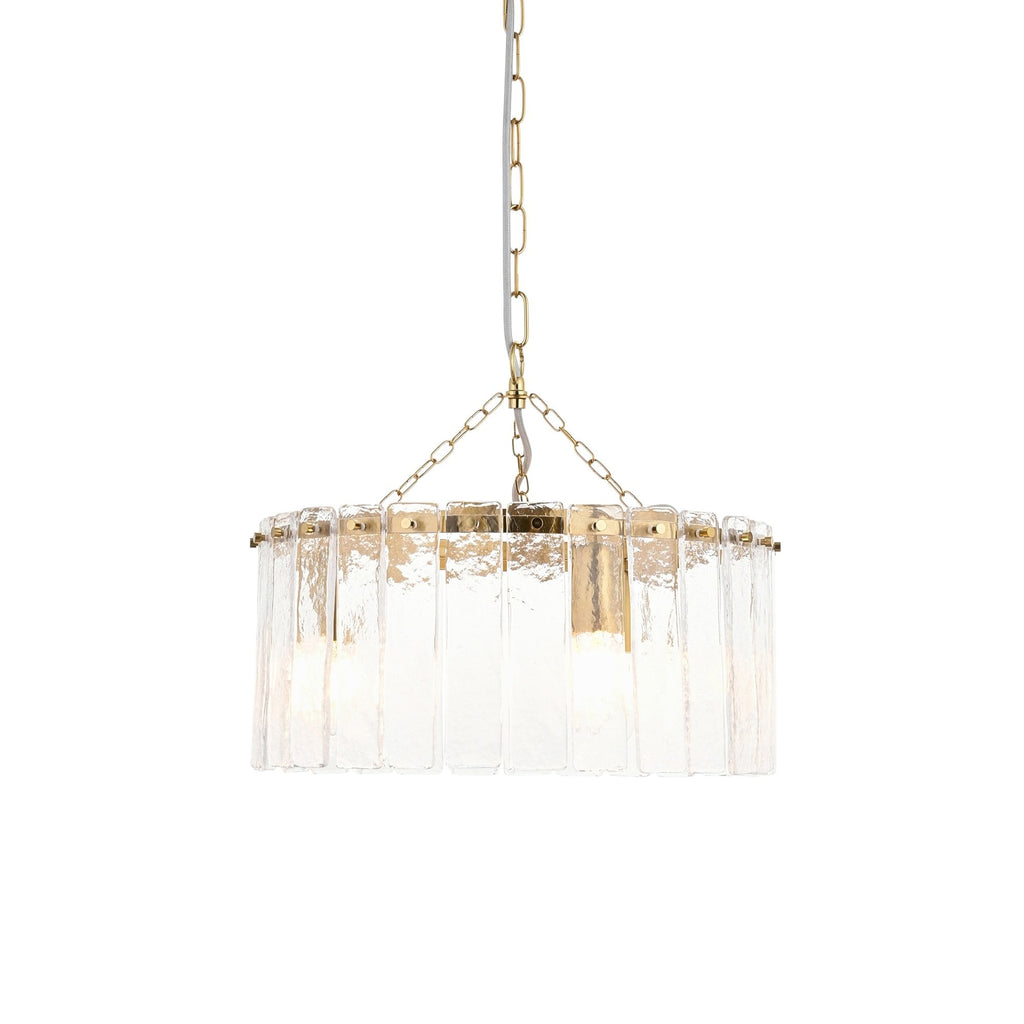 118467 Karine 3 Light Pendant Brushed Aged Brass Plate & Clear Handmade Textured Glass