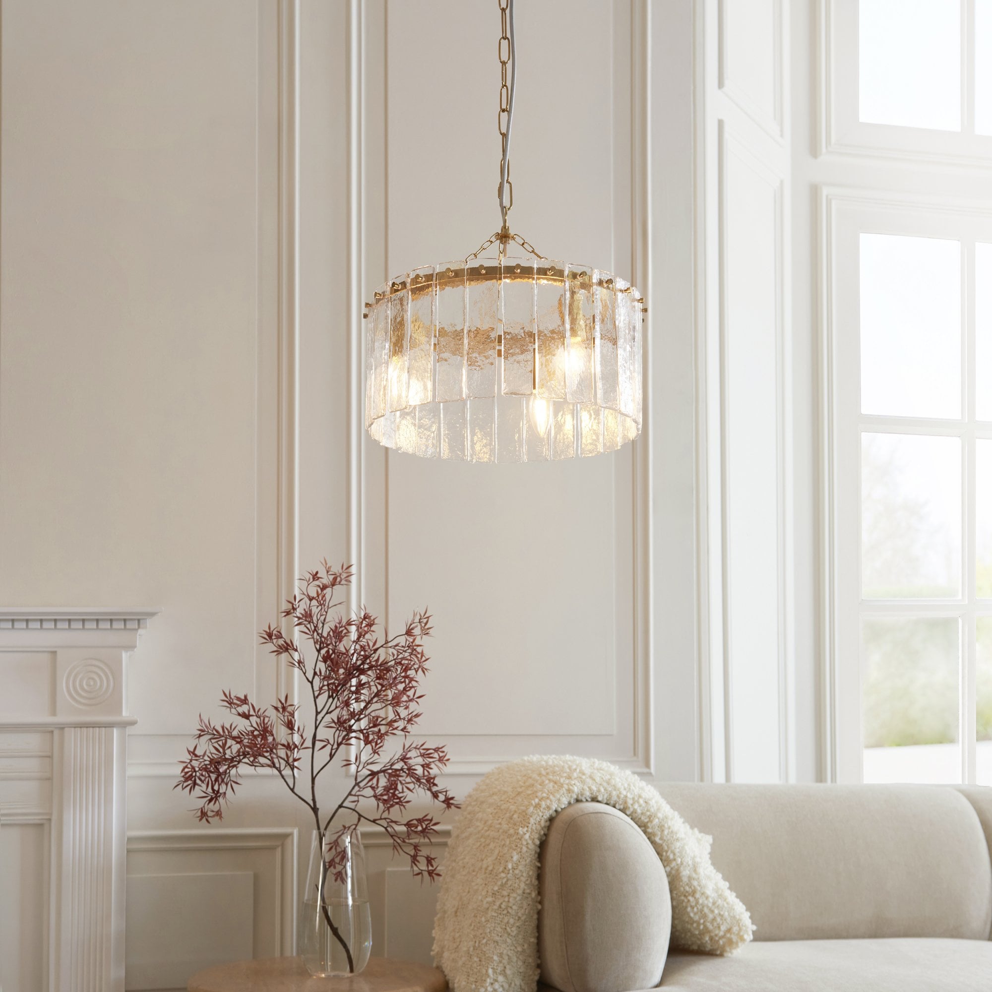118467 Karine 3 Light Pendant Brushed Aged Brass Plate & Clear Handmade Textured Glass