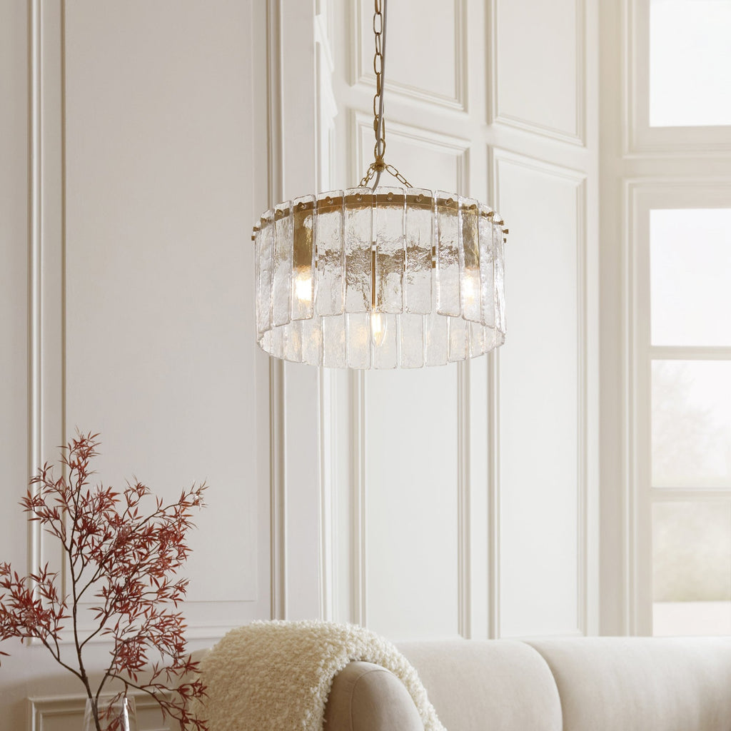 118467 Karine 3 Light Pendant Brushed Aged Brass Plate & Clear Handmade Textured Glass