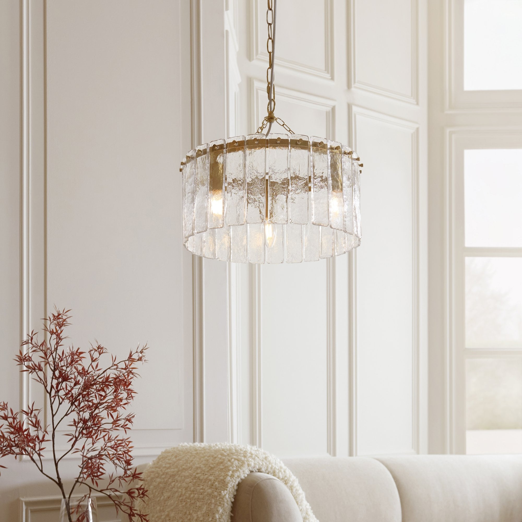 118467 Karine 3 Light Pendant Brushed Aged Brass Plate & Clear Handmade Textured Glass