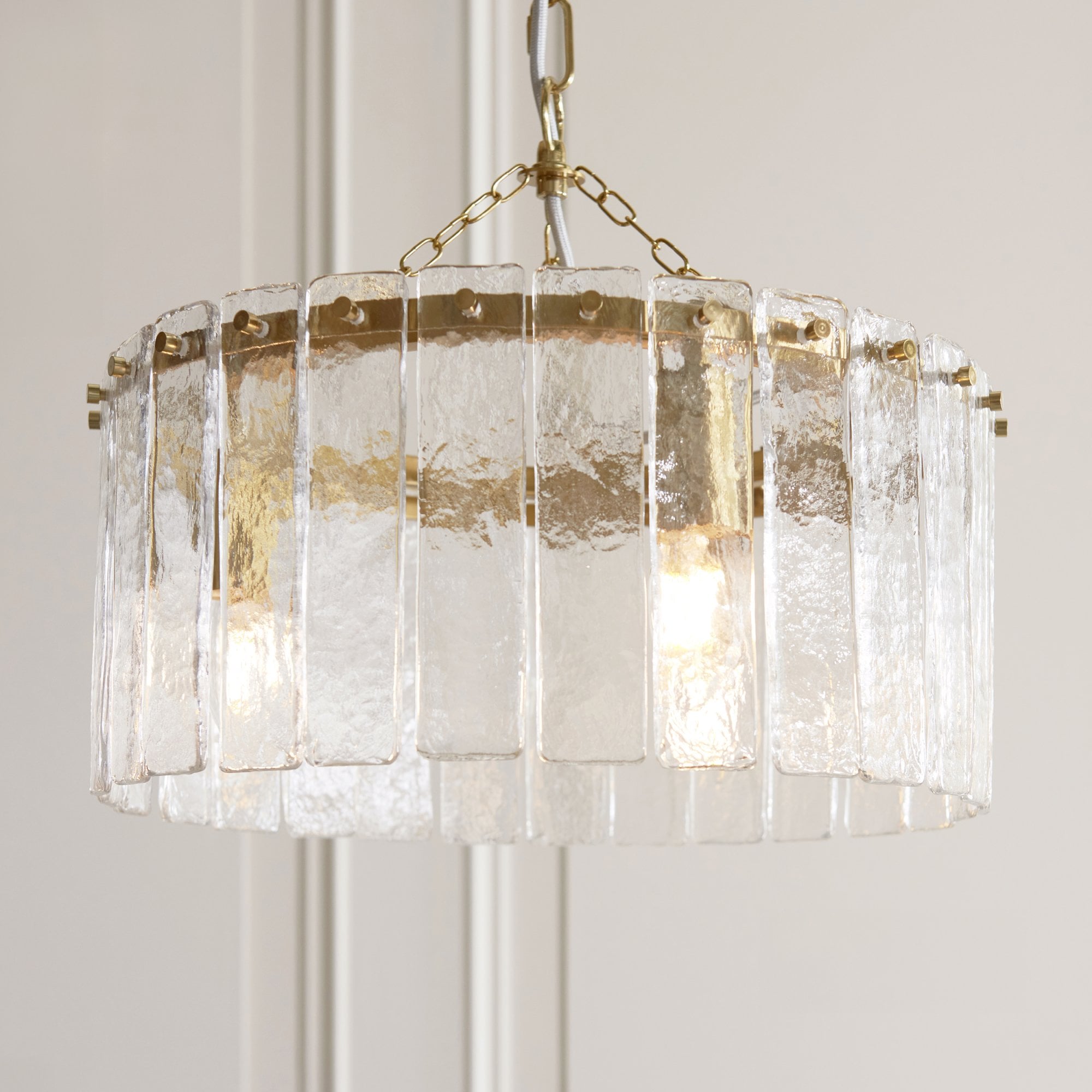 118467 Karine 3 Light Pendant Brushed Aged Brass Plate & Clear Handmade Textured Glass