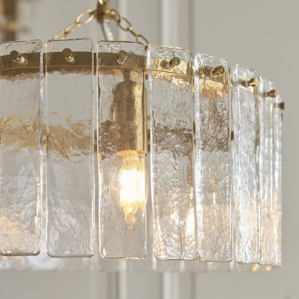 118467 Karine 3 Light Pendant Brushed Aged Brass Plate & Clear Handmade Textured Glass