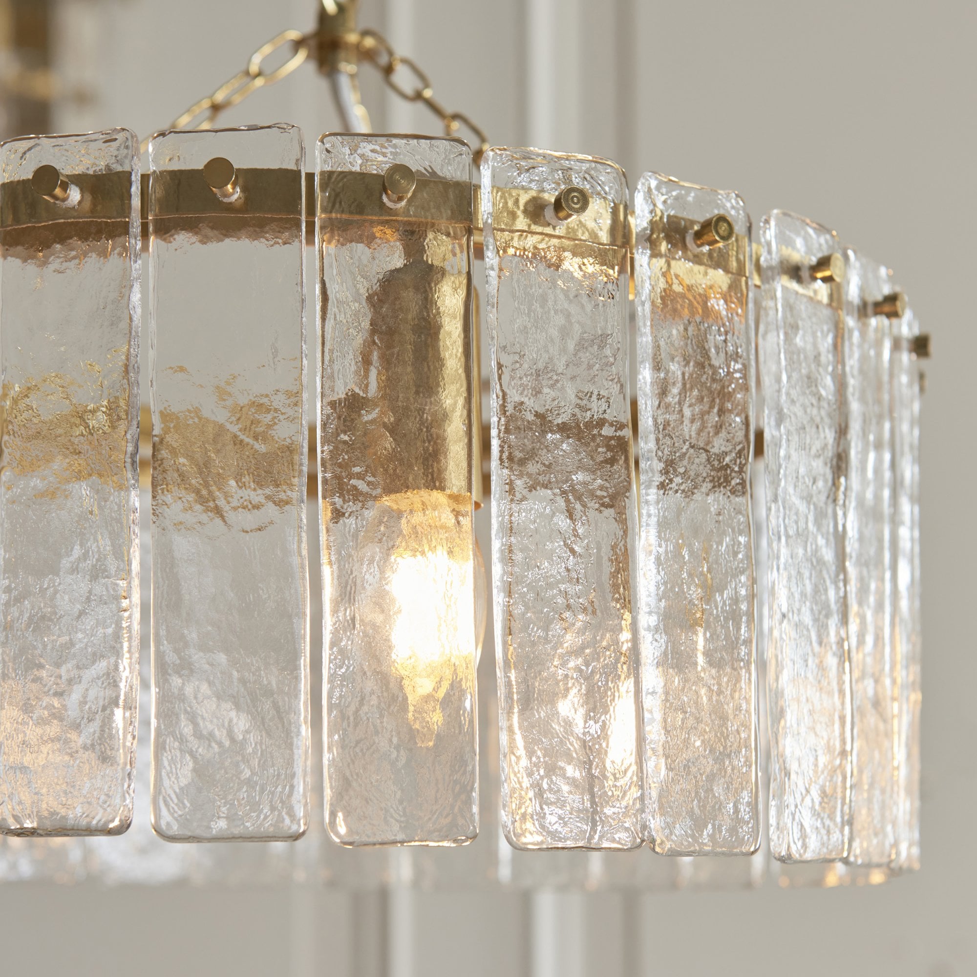 118467 Karine 3 Light Pendant Brushed Aged Brass Plate & Clear Handmade Textured Glass