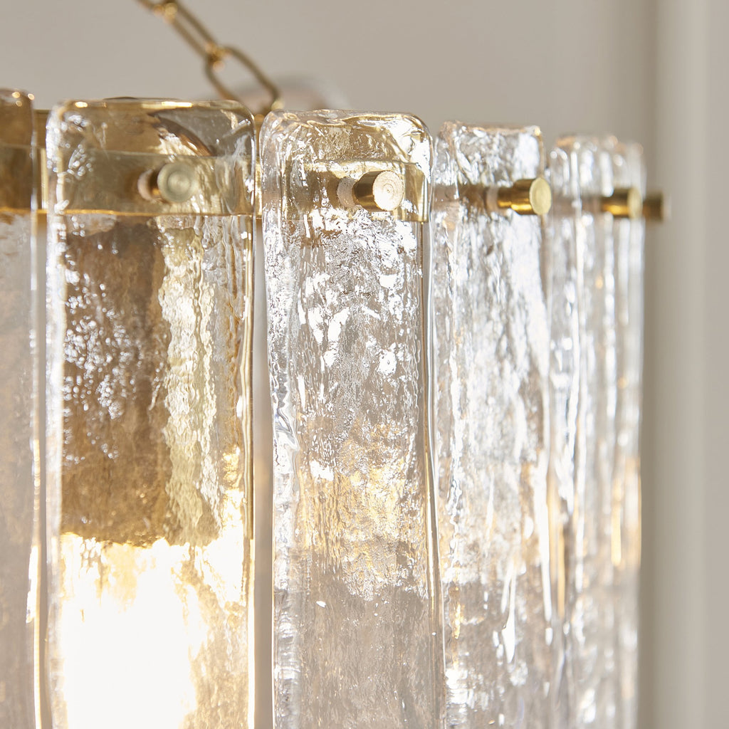 118467 Karine 3 Light Pendant Brushed Aged Brass Plate & Clear Handmade Textured Glass