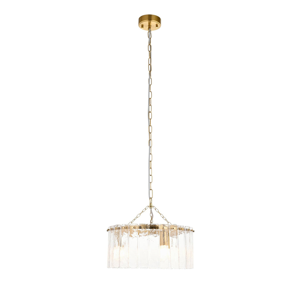 118467 Karine 3 Light Pendant Brushed Aged Brass Plate & Clear Handmade Textured Glass