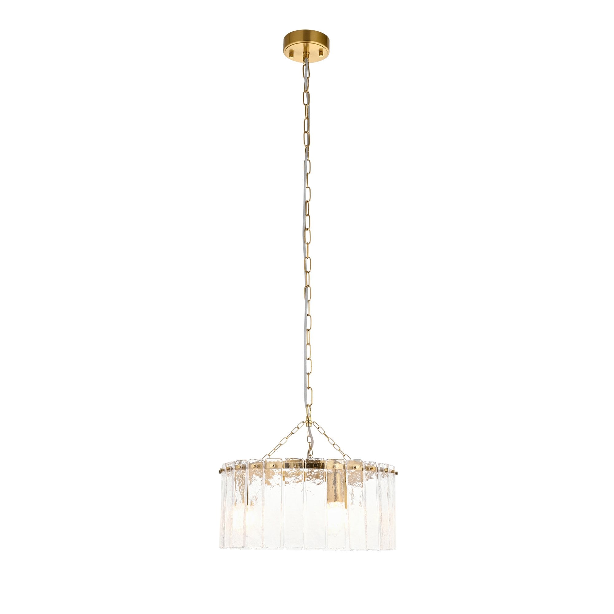 118467 Karine 3 Light Pendant Brushed Aged Brass Plate & Clear Handmade Textured Glass
