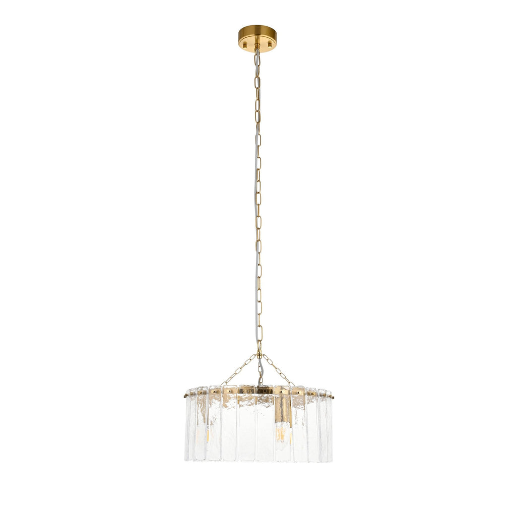 118467 Karine 3 Light Pendant Brushed Aged Brass Plate & Clear Handmade Textured Glass
