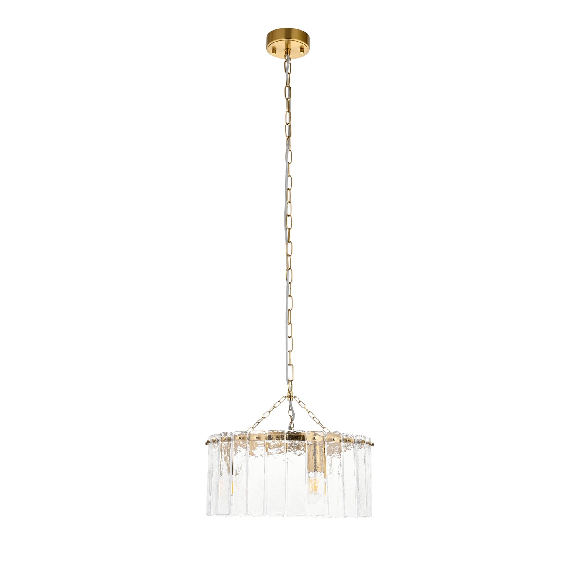 118467 Karine 3 Light Pendant Brushed Aged Brass Plate & Clear Handmade Textured Glass