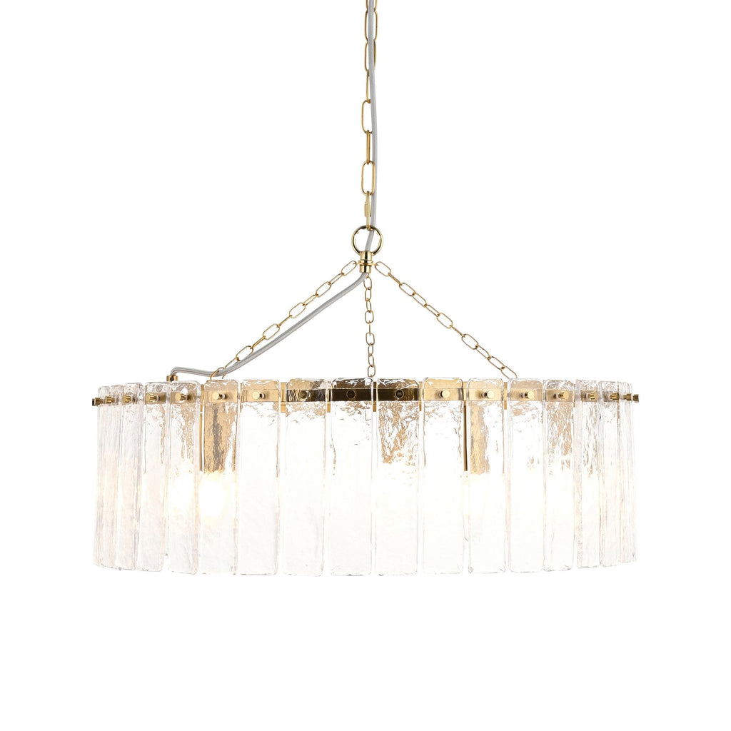 118468 Karine 5 Light Pendant Brushed Aged Brass Plate & Clear Handmade Textured Glass