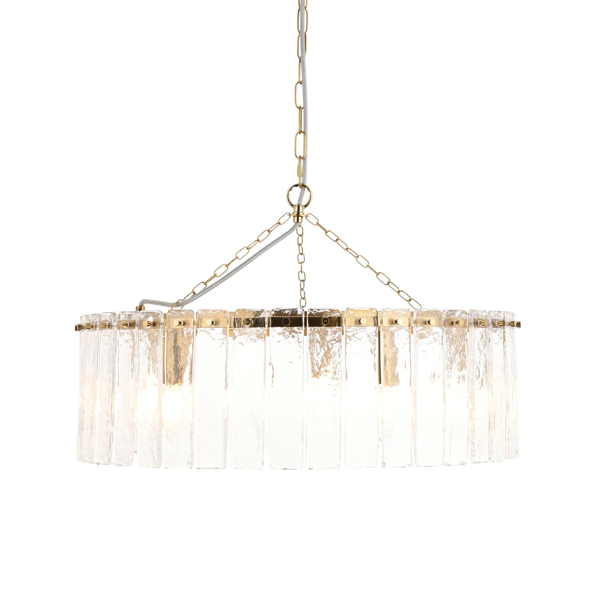 118468 Karine 5 Light Pendant Brushed Aged Brass Plate & Clear Handmade Textured Glass
