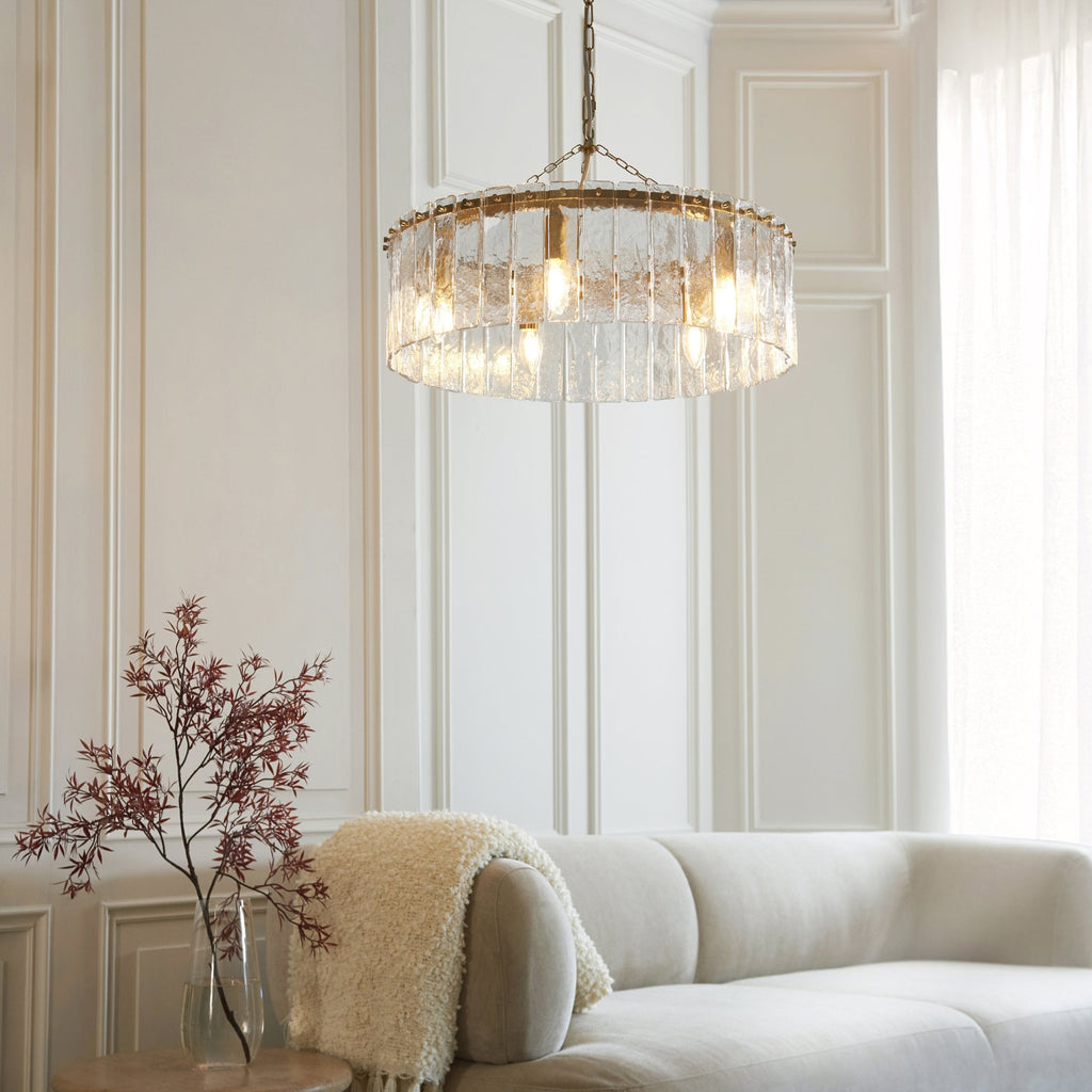 118468 Karine 5 Light Pendant Brushed Aged Brass Plate & Clear Handmade Textured Glass