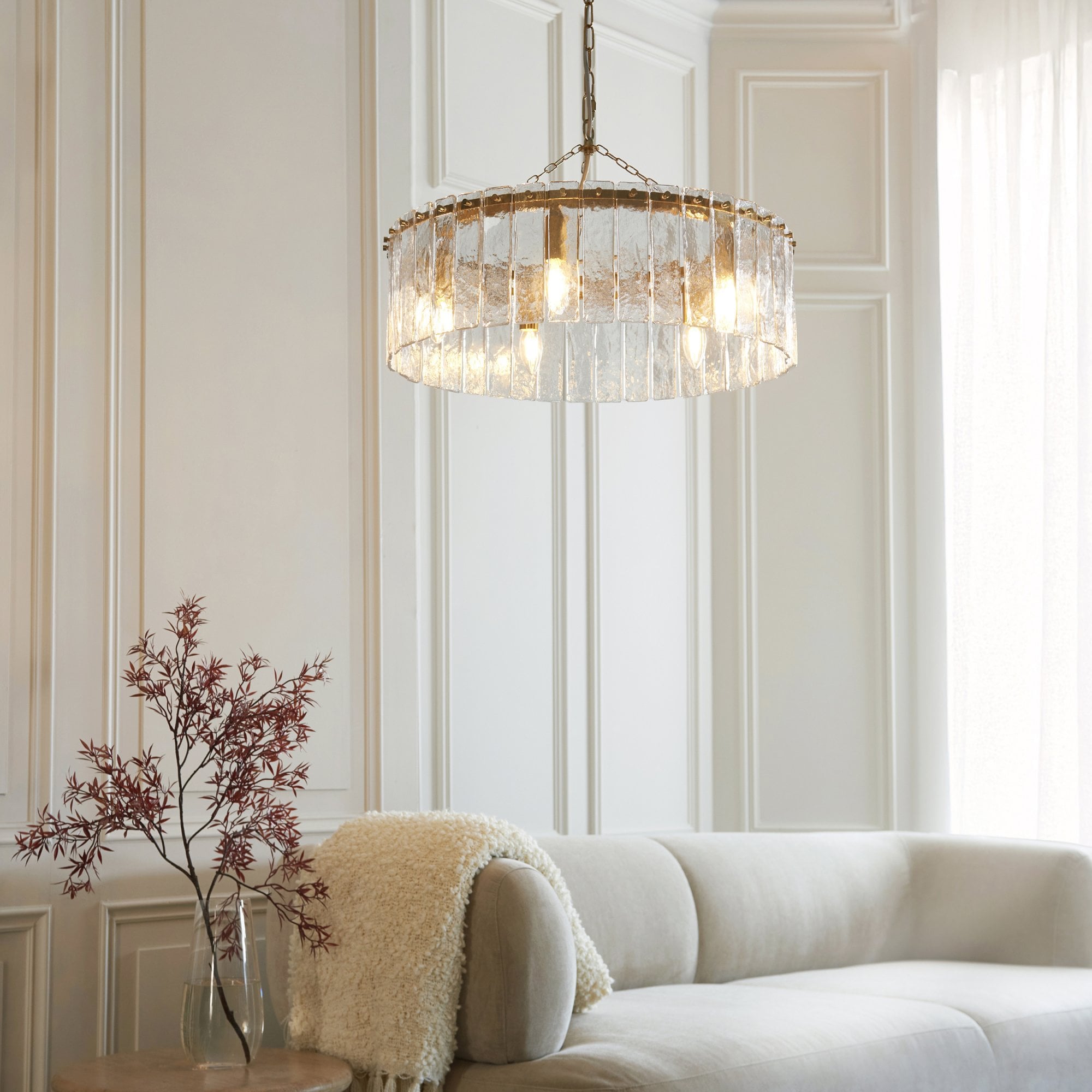118468 Karine 5 Light Pendant Brushed Aged Brass Plate & Clear Handmade Textured Glass