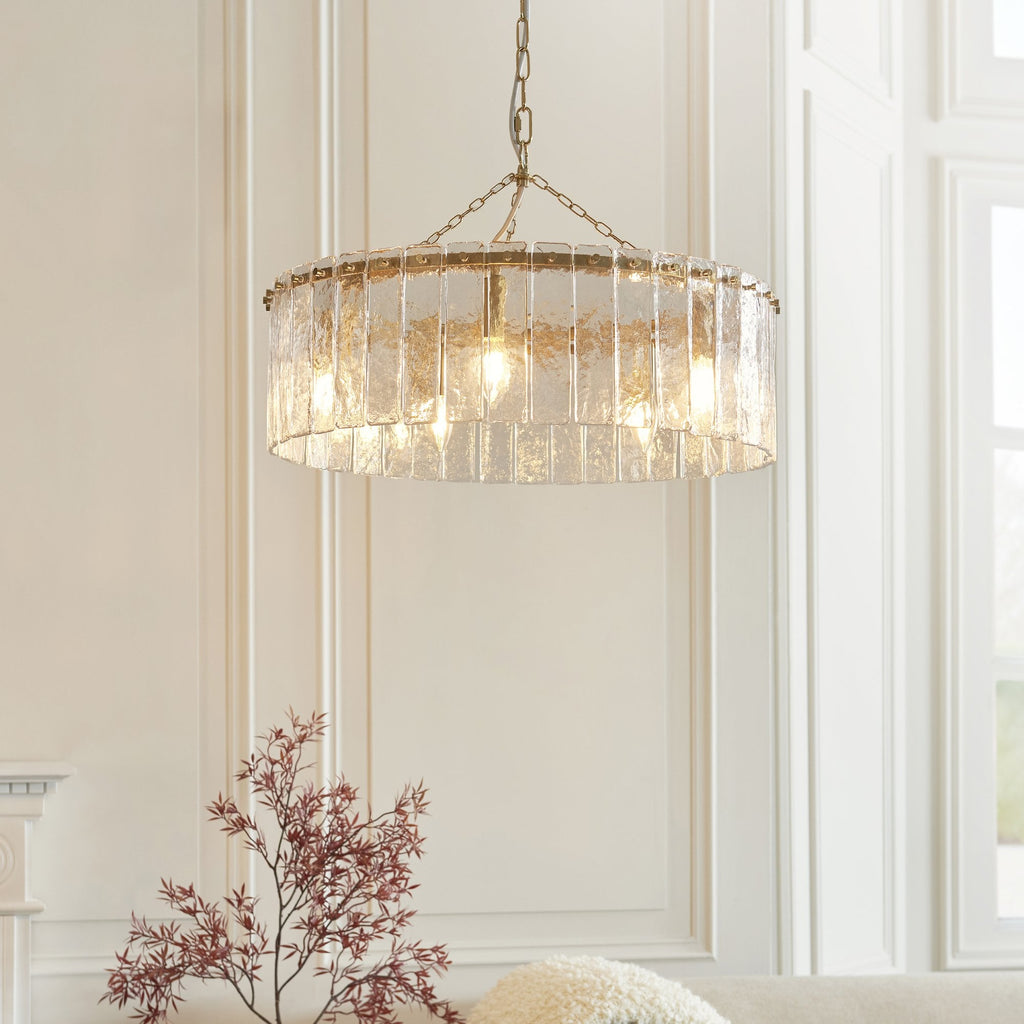 118468 Karine 5 Light Pendant Brushed Aged Brass Plate & Clear Handmade Textured Glass