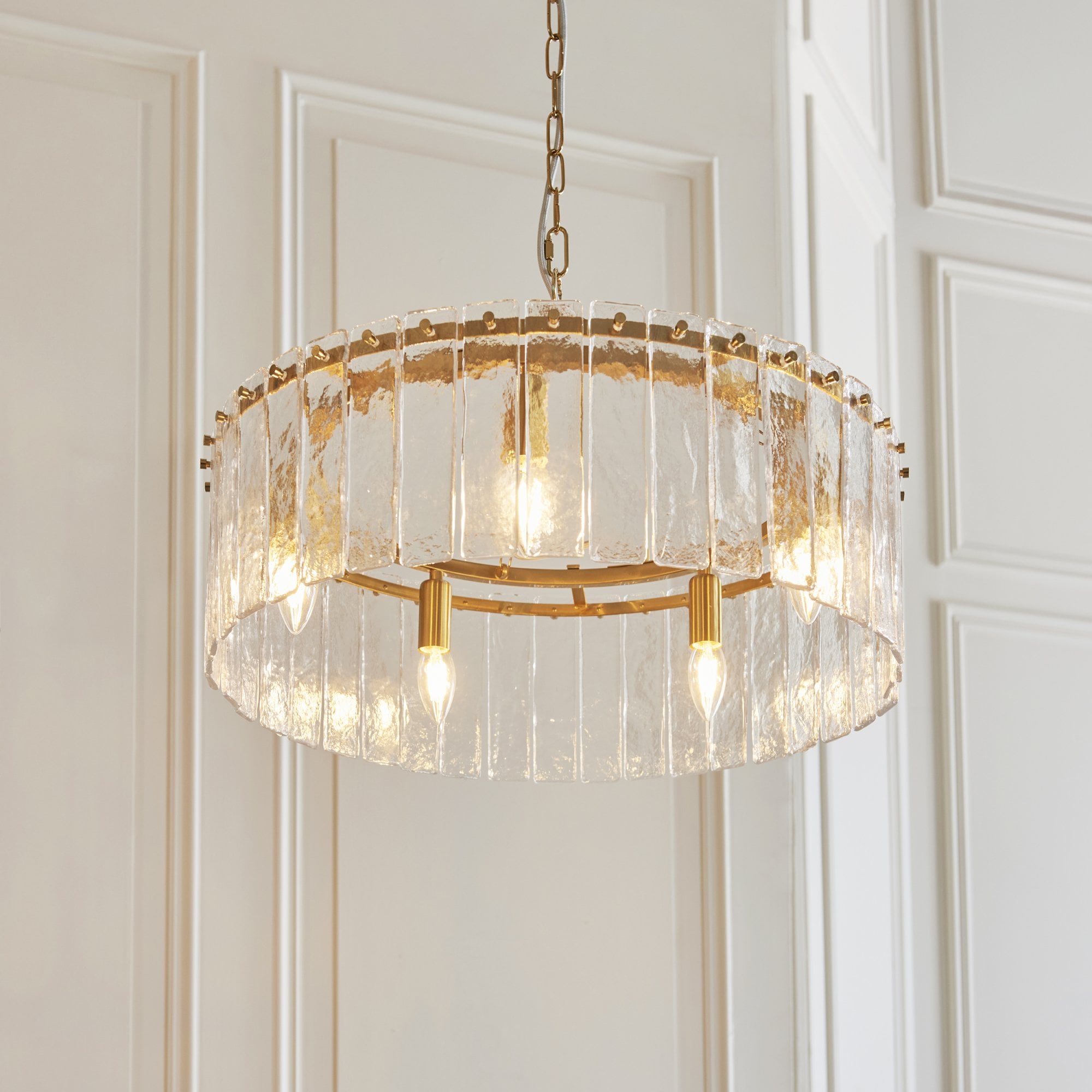 118468 Karine 5 Light Pendant Brushed Aged Brass Plate & Clear Handmade Textured Glass