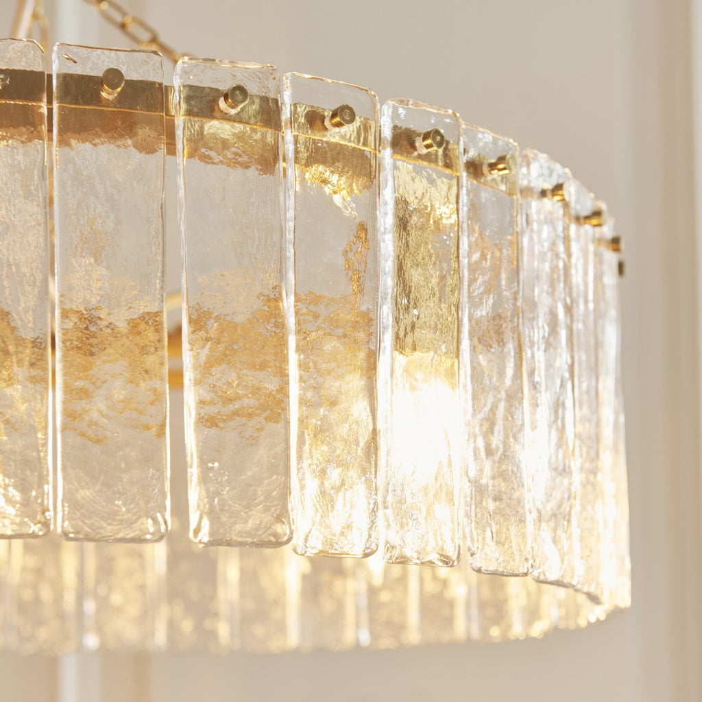 118468 Karine 5 Light Pendant Brushed Aged Brass Plate & Clear Handmade Textured Glass