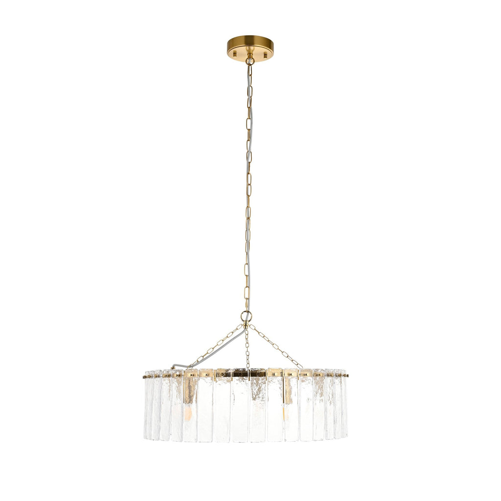118468 Karine 5 Light Pendant Brushed Aged Brass Plate & Clear Handmade Textured Glass