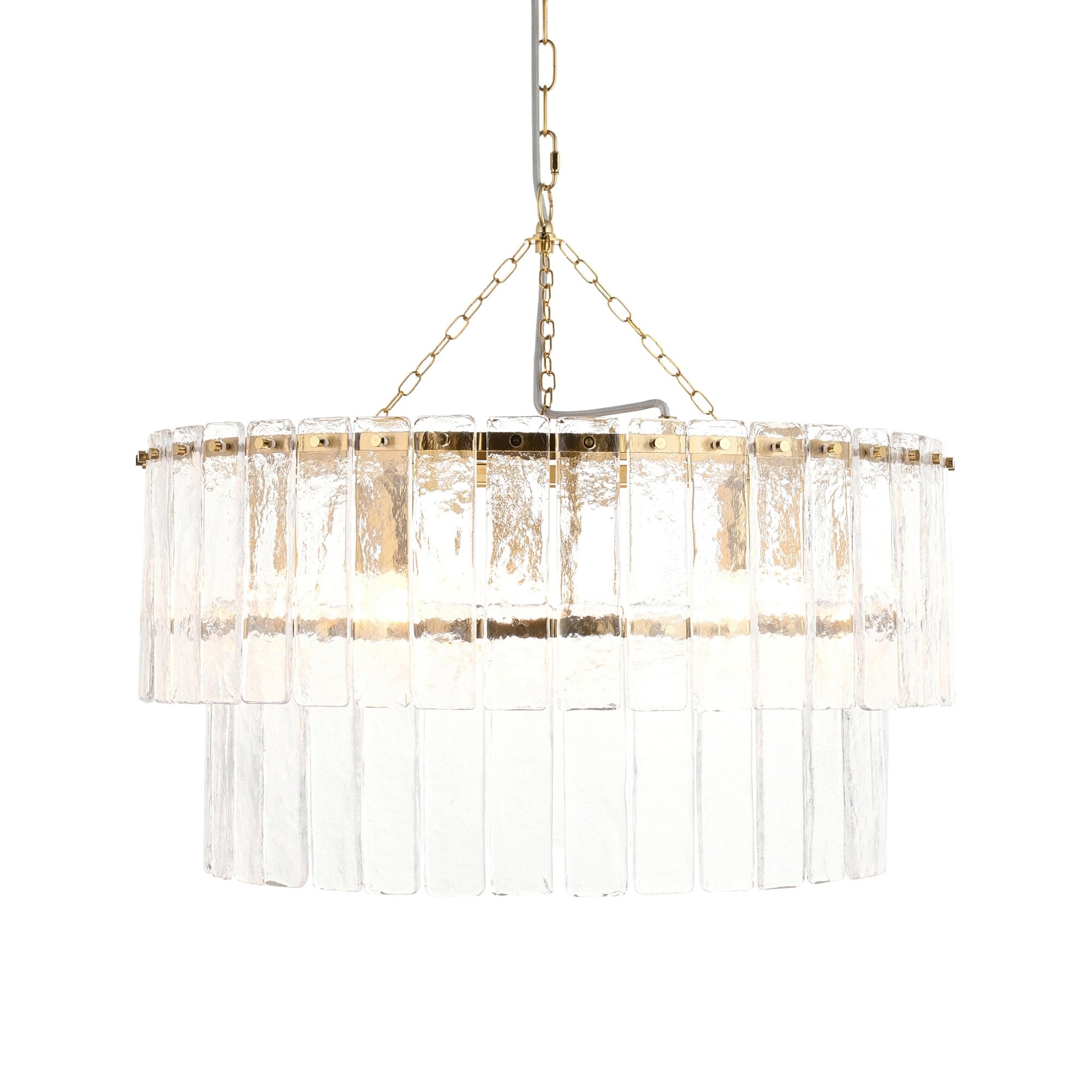 118469 Karine 5 Light Tiered Pendant Brushed Aged Brass Plate & Clear Handmade Textured Glass
