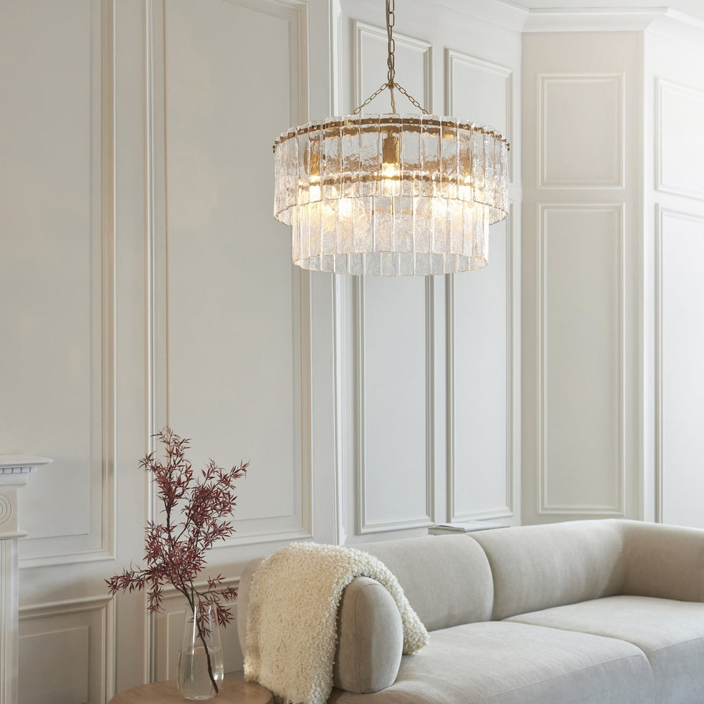 118469 Karine 5 Light Tiered Pendant Brushed Aged Brass Plate & Clear Handmade Textured Glass