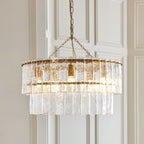 118469 Karine 5 Light Tiered Pendant Brushed Aged Brass Plate & Clear Handmade Textured Glass